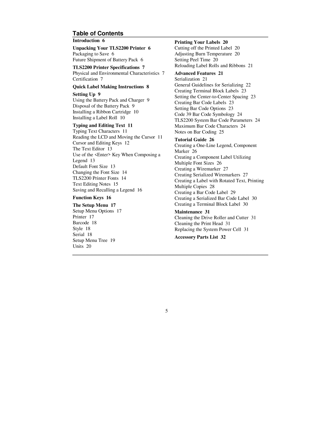 Brady 2200 user manual Table of Contents 