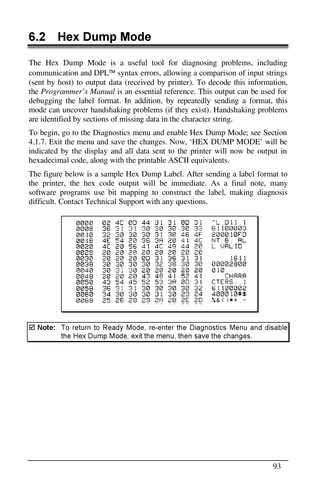 Brady 6441, 3481, 2461 manual Hex Dump Mode 