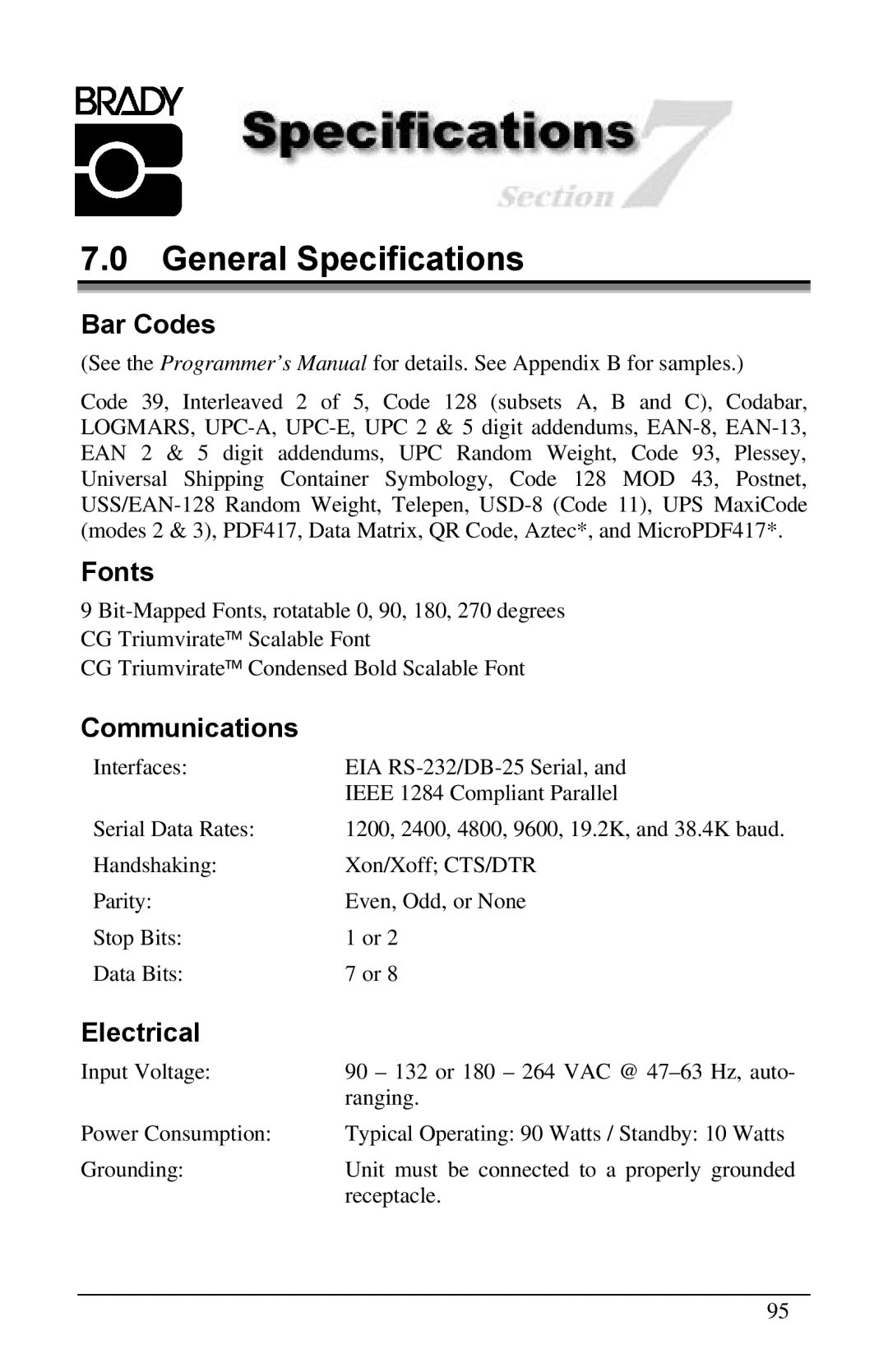 Brady 3481, 6441, 2461 manual General Specifications, Bar Codes, Fonts, Electrical 