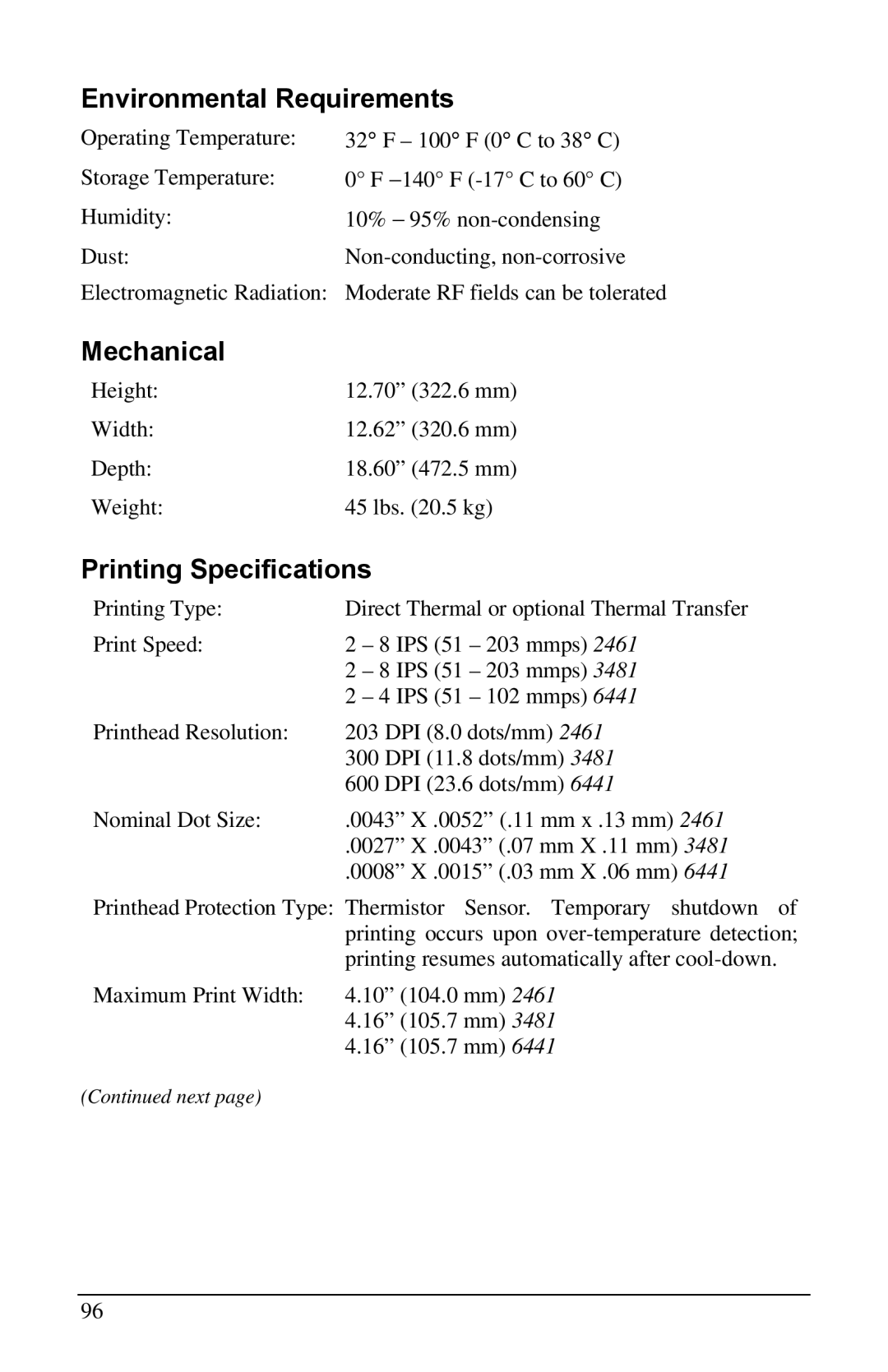 Brady 6441, 3481, 2461 manual Environmental Requirements, Mechanical, Printing Specifications 