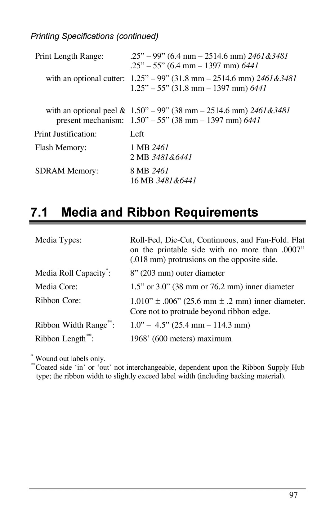 Brady 2461, 3481, 6441 manual Media and Ribbon Requirements, Printing Specifications 