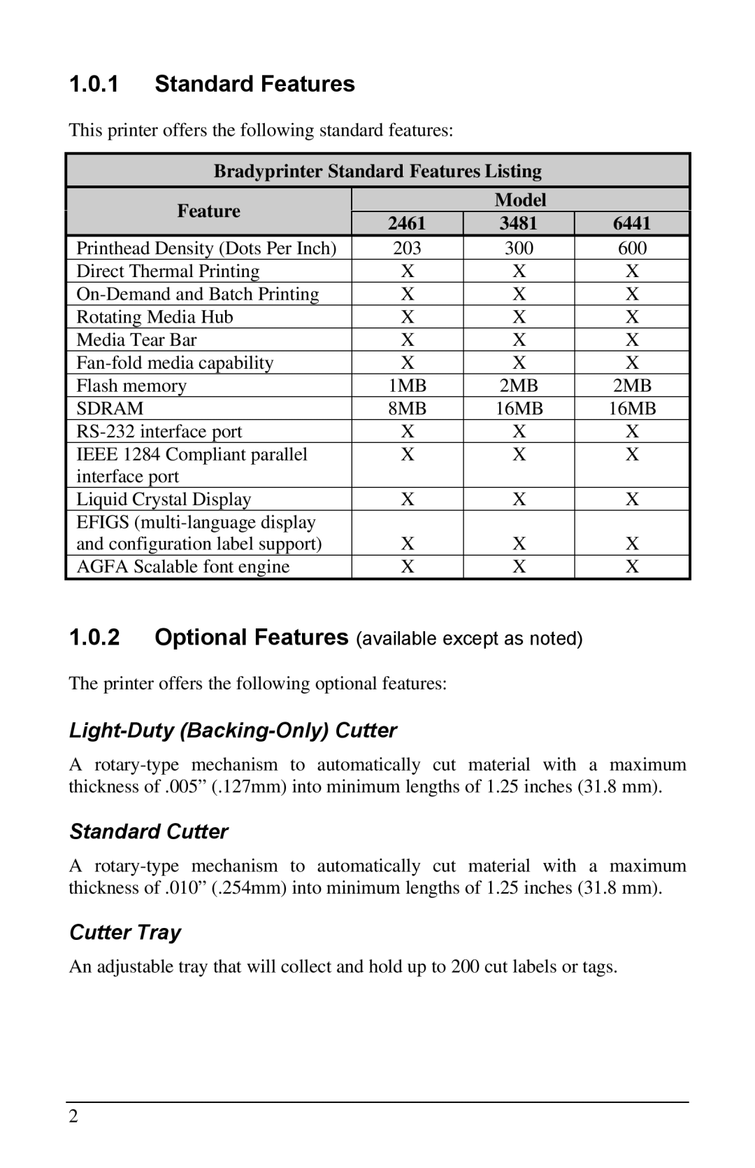 Brady manual Bradyprinter Standard Features Listing Model 2461 3481 6441 