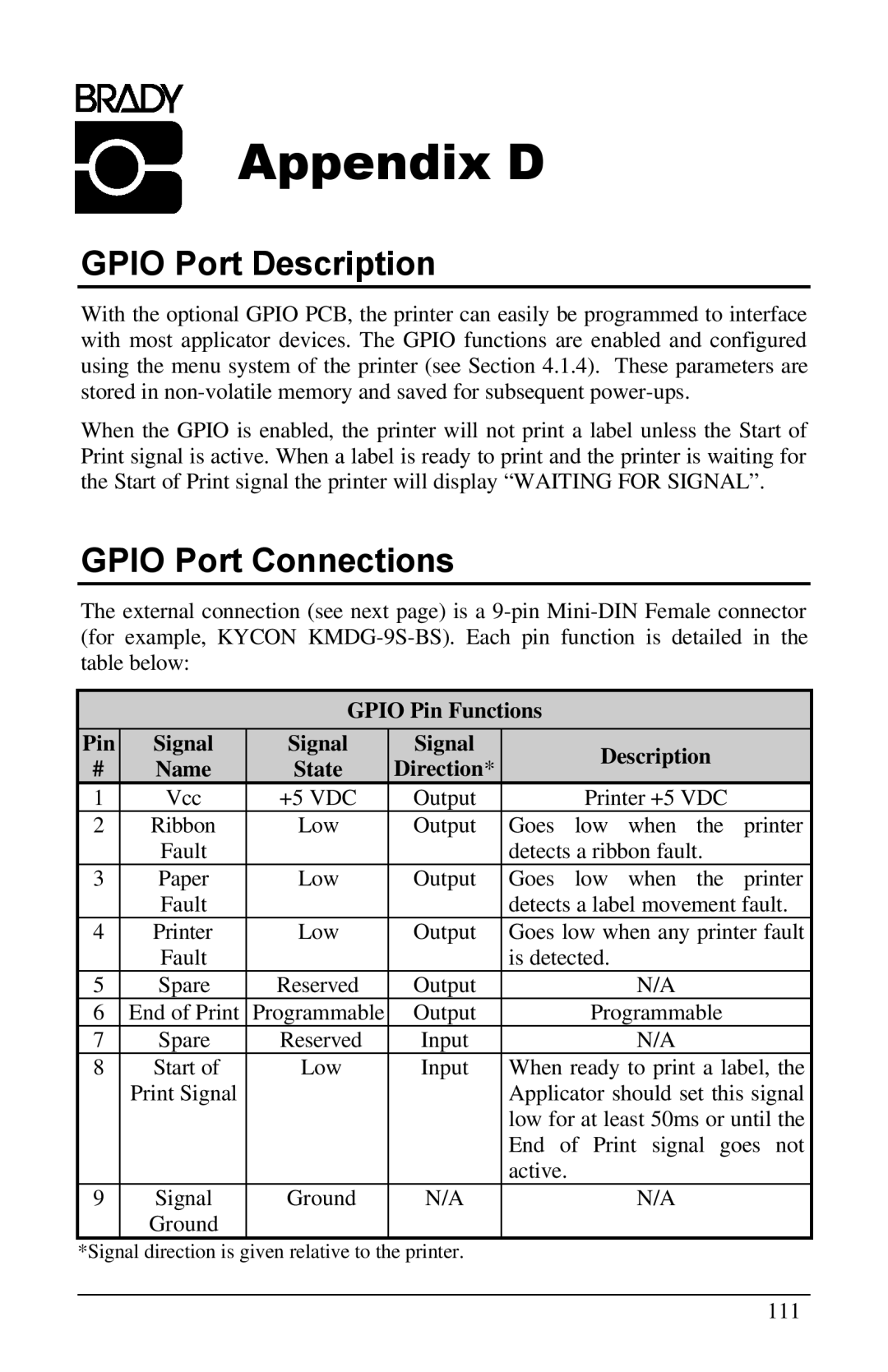 Brady 6441, 3481 Gpio Port Description, Gpio Port Connections, Gpio Pin Functions Signal Description Name State Direction 