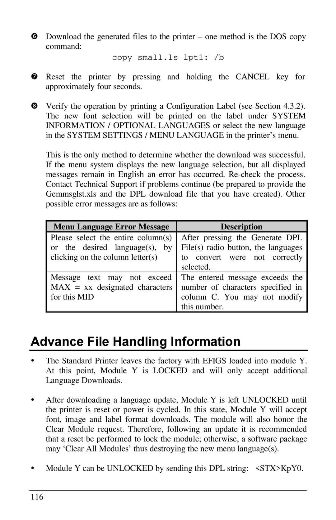 Brady 3481, 6441, 2461 manual Advance File Handling Information, Menu Language Error Message Description 