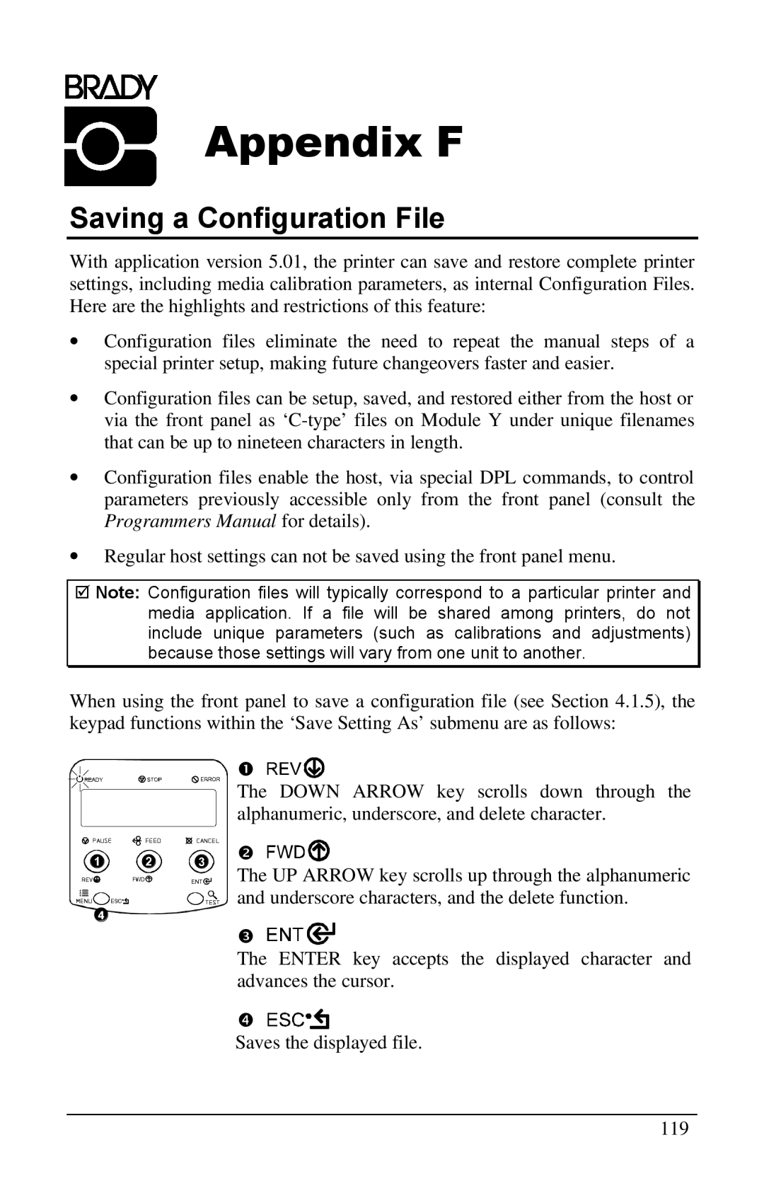 Brady 3481, 6441, 2461 manual Appendix F, Saving a Configuration File 