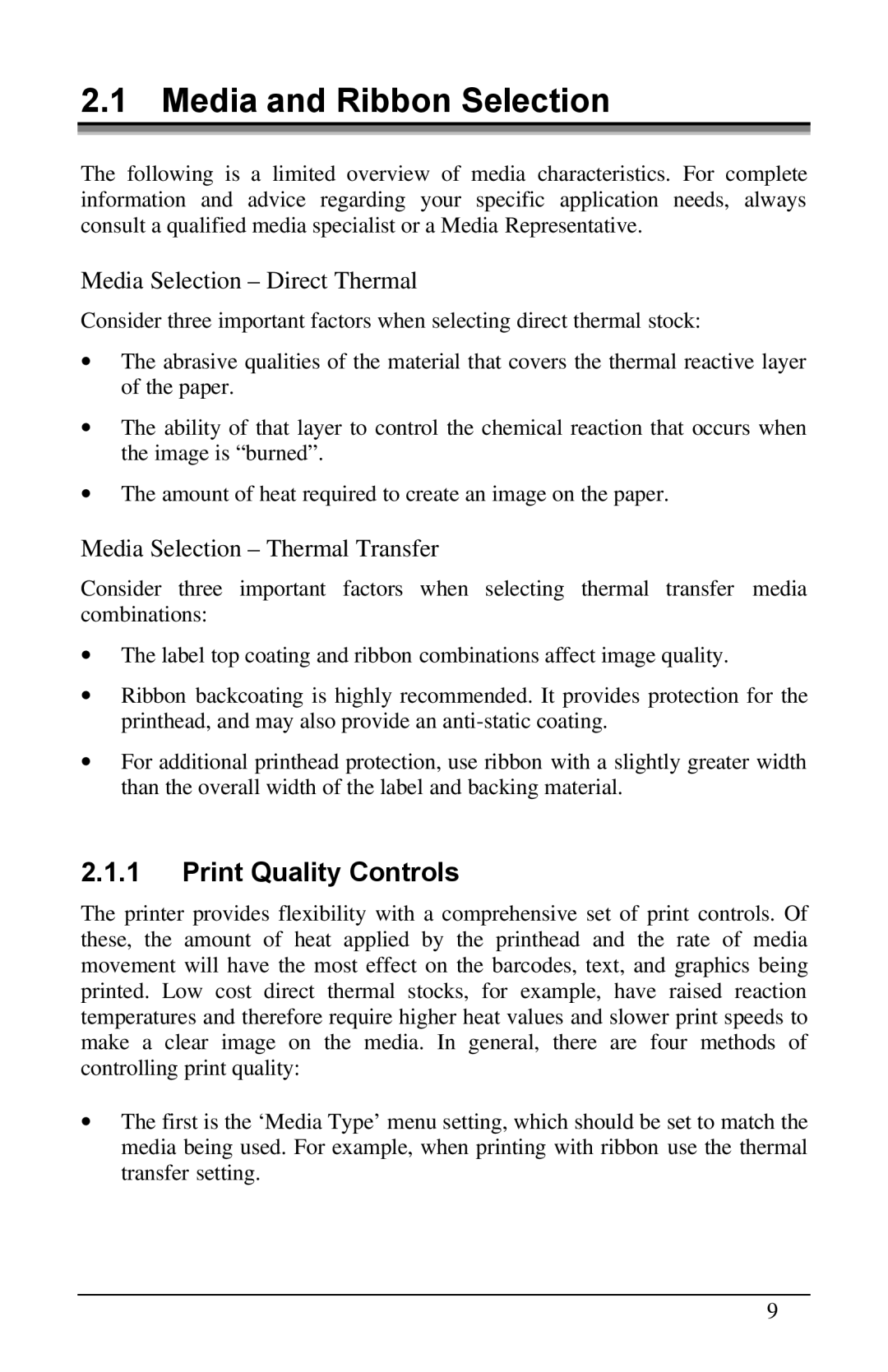 Brady 6441, 3481, 2461 manual Media and Ribbon Selection, Print Quality Controls 