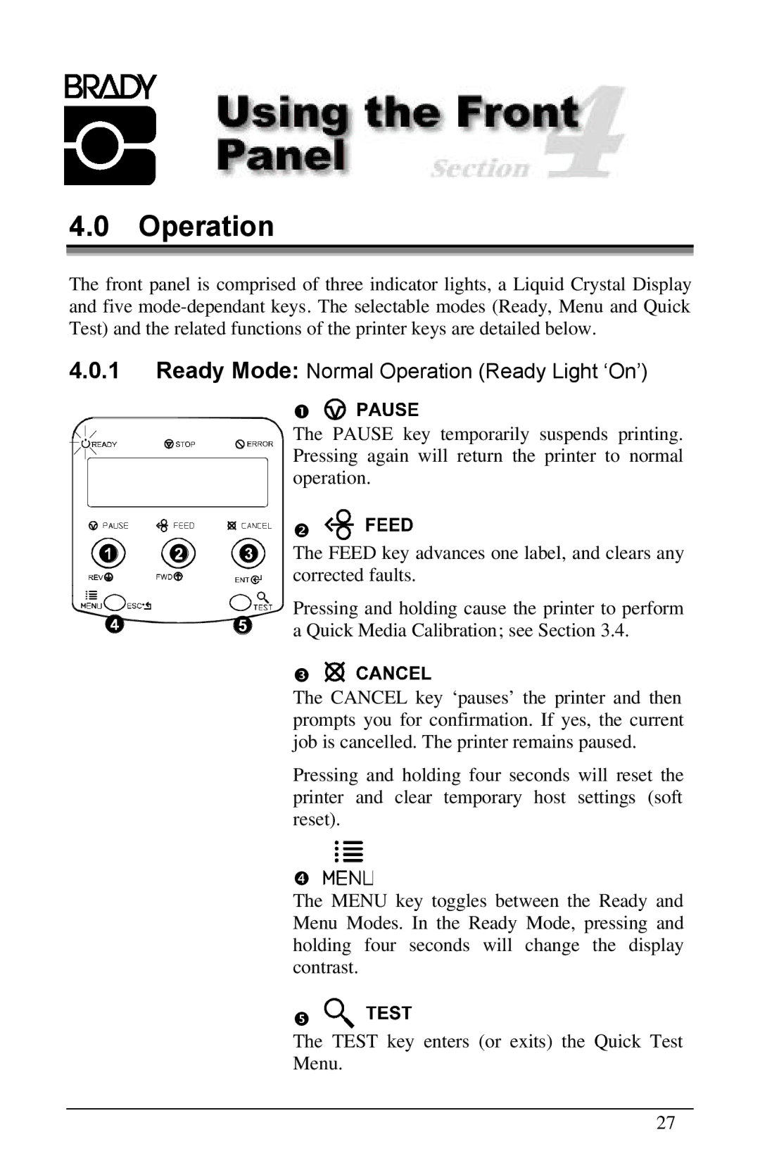 Brady 6441, 3481, 2461 manual Ready Mode Normal Operation Ready Light ‘On’ 