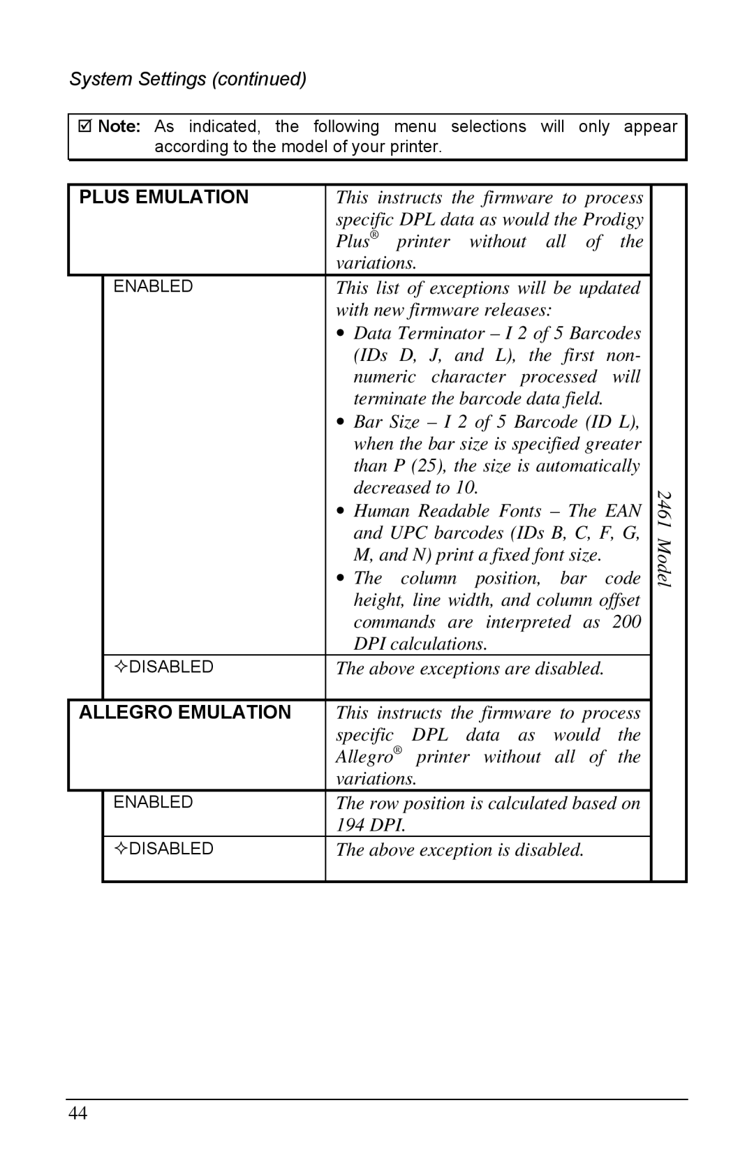 Brady 3481, 6441, 2461 manual Plus Emulation, Allegro Emulation 