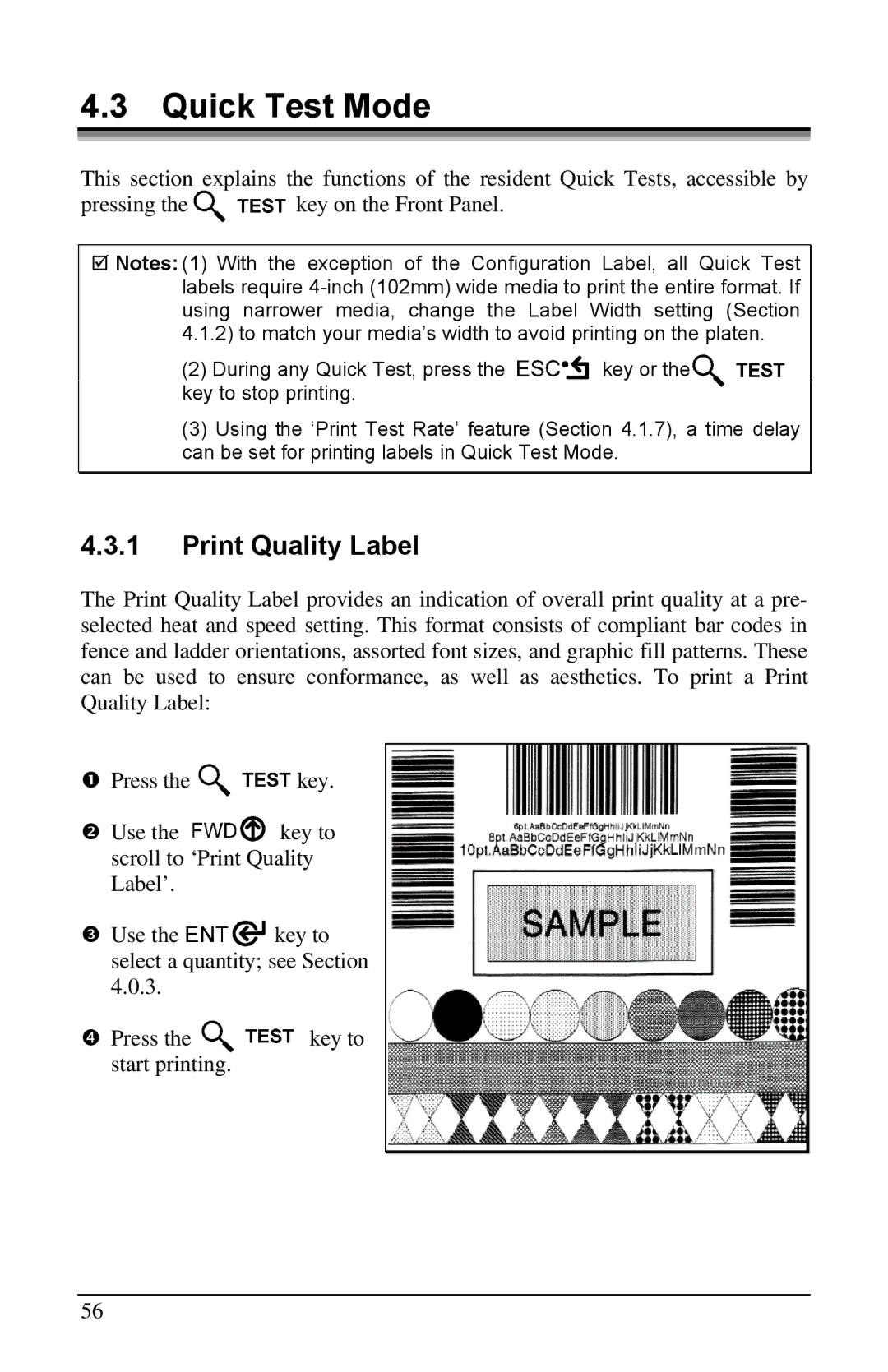 Brady 3481, 6441, 2461 manual Quick Test Mode, Print Quality Label 