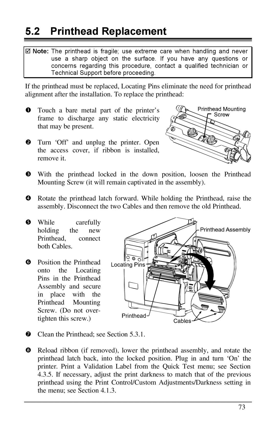 Brady 2461, 3481, 6441 manual Printhead Replacement 