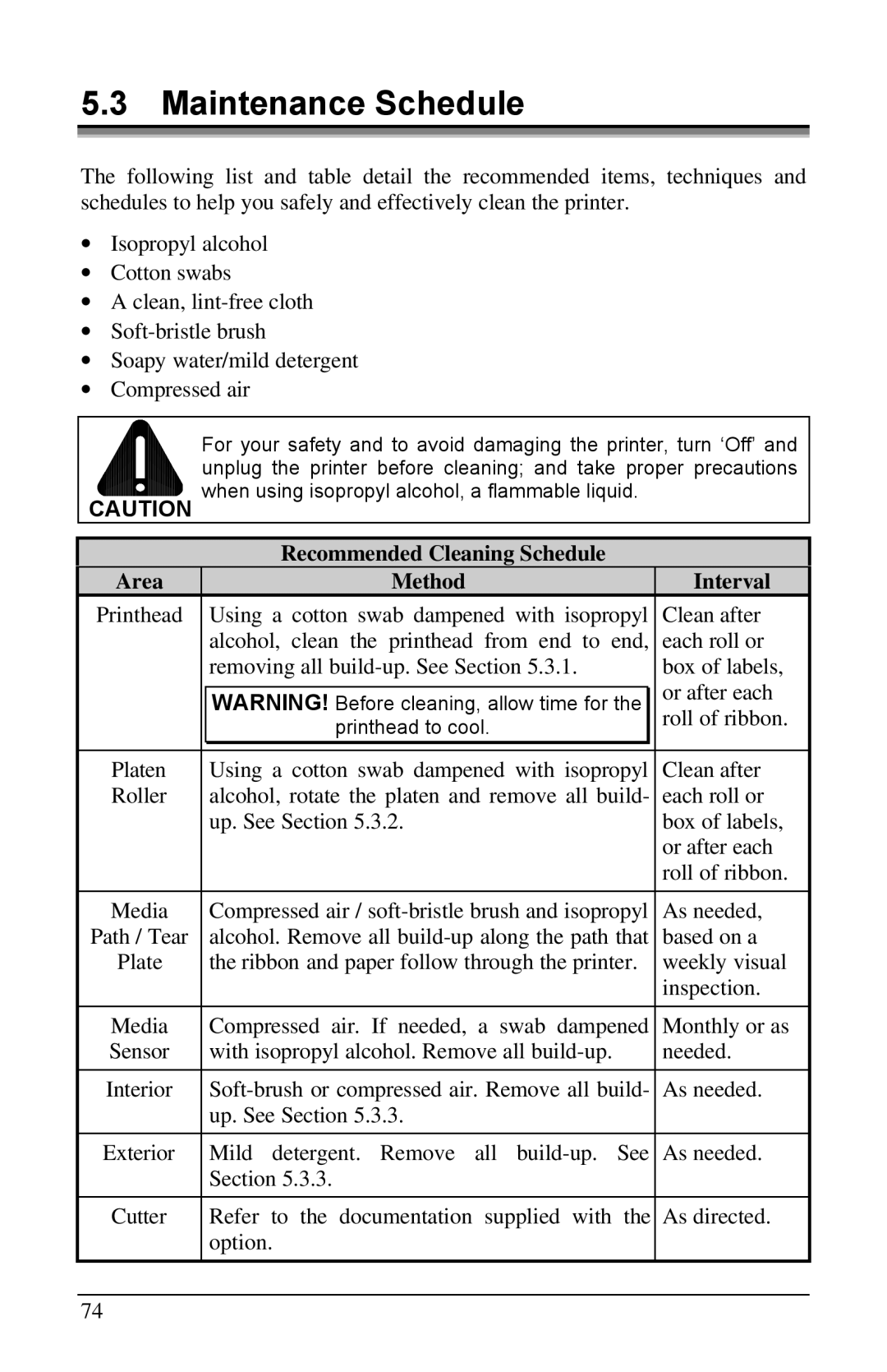 Brady 3481, 6441, 2461 manual Maintenance Schedule, Recommended Cleaning Schedule Area Method Interval 