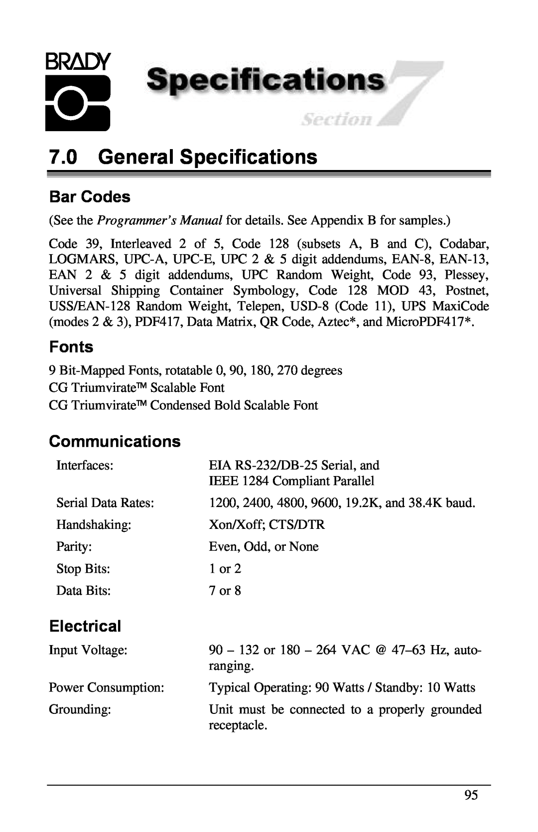 Brady 3481, 6441, 2461 manual General Specifications, Bar Codes, Fonts, Communications, Electrical 