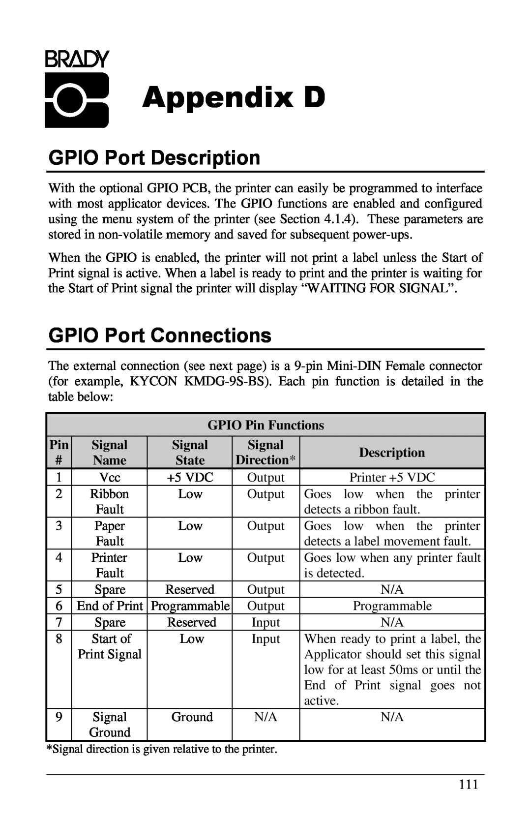 Brady 6441 Appendix D, GPIO Port Description, GPIO Port Connections, GPIO Pin Functions, Signal, Name, State, Direction 
