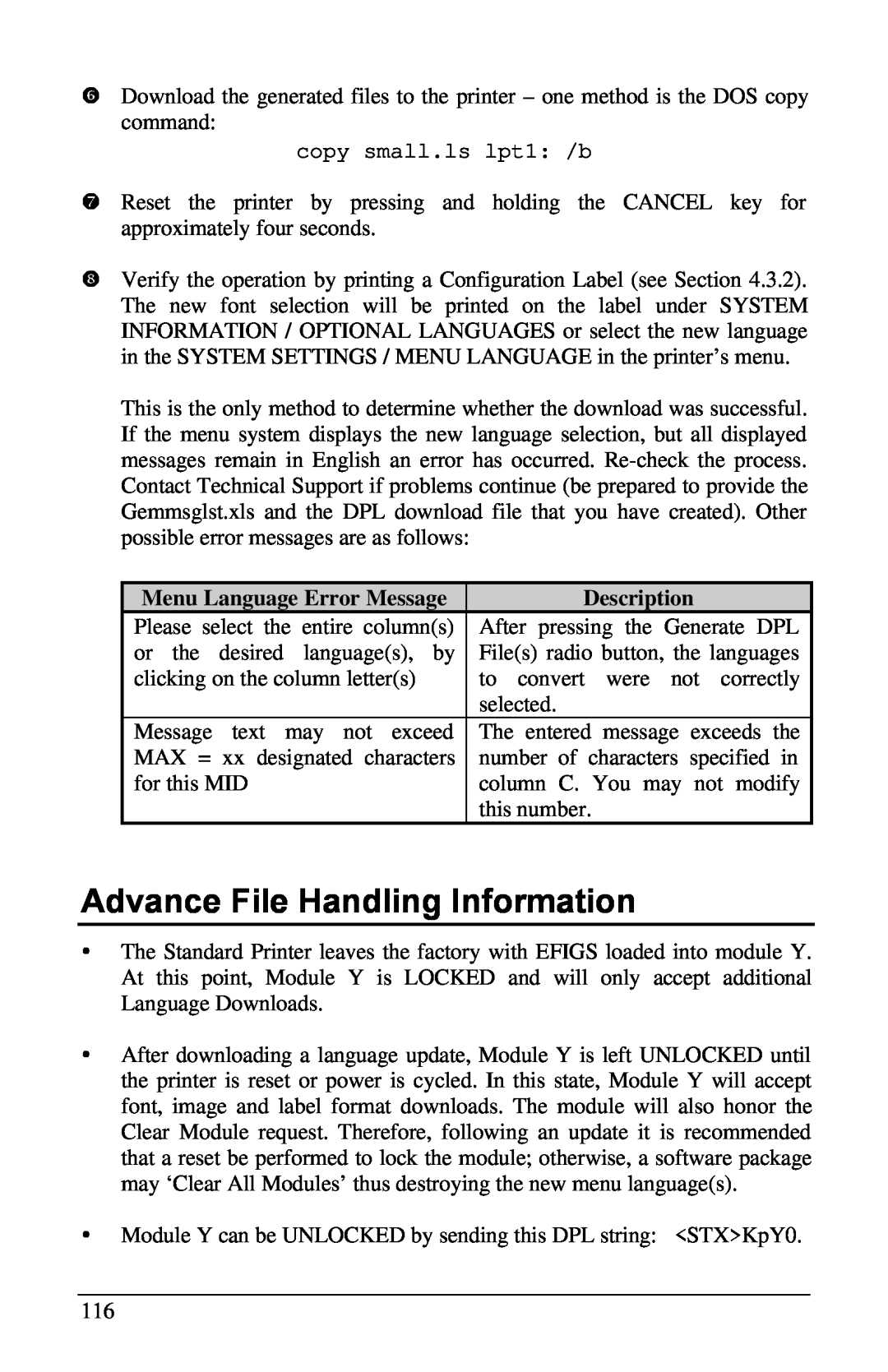 Brady 3481, 6441, 2461 manual Advance File Handling Information, Menu Language Error Message, Description 