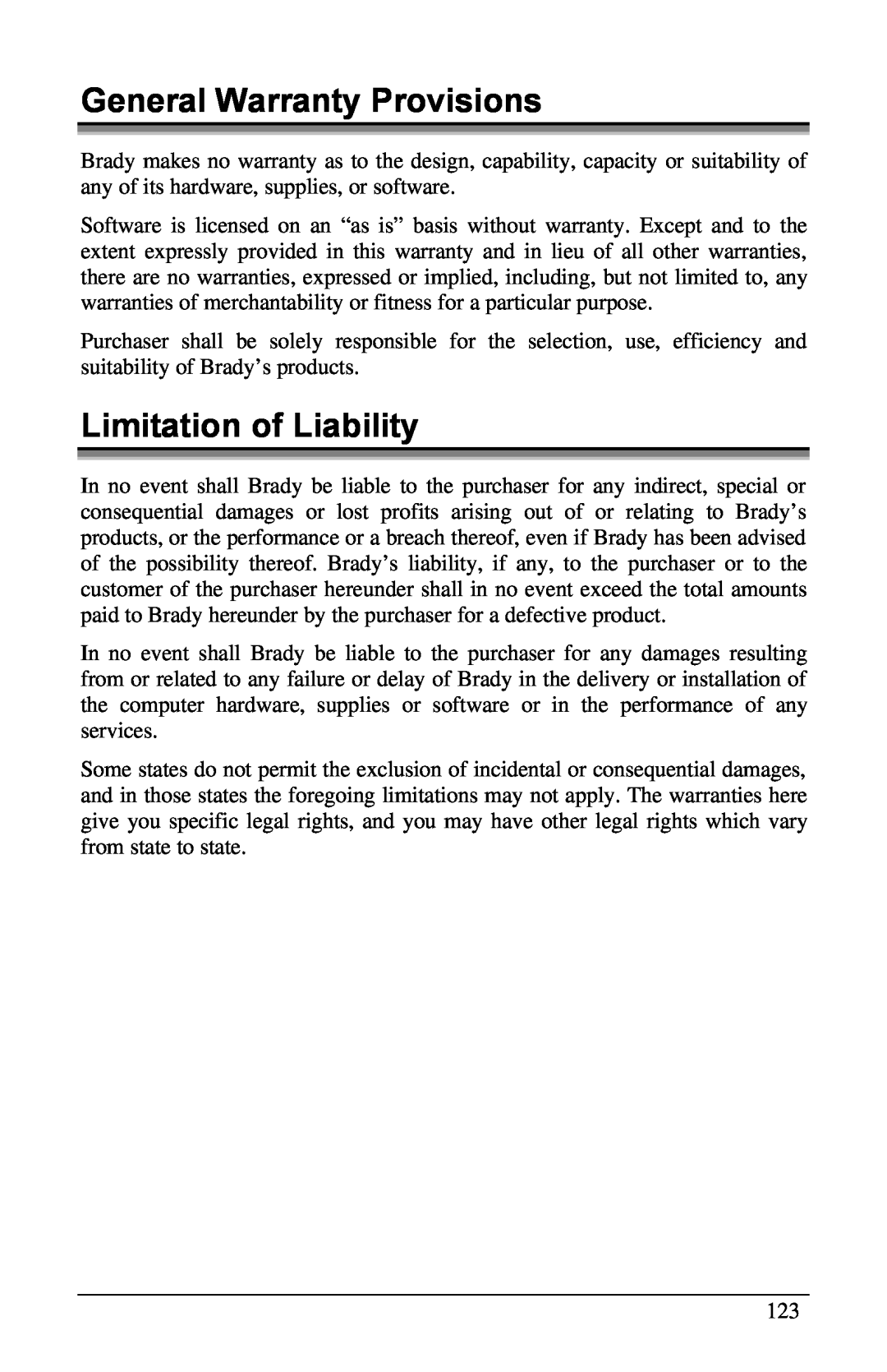 Brady 6441, 3481, 2461 manual General Warranty Provisions, Limitation of Liability 