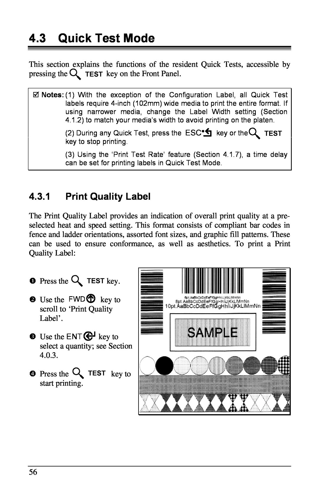 Brady 3481, 6441, 2461 manual Quick Test Mode, Print Quality Label 