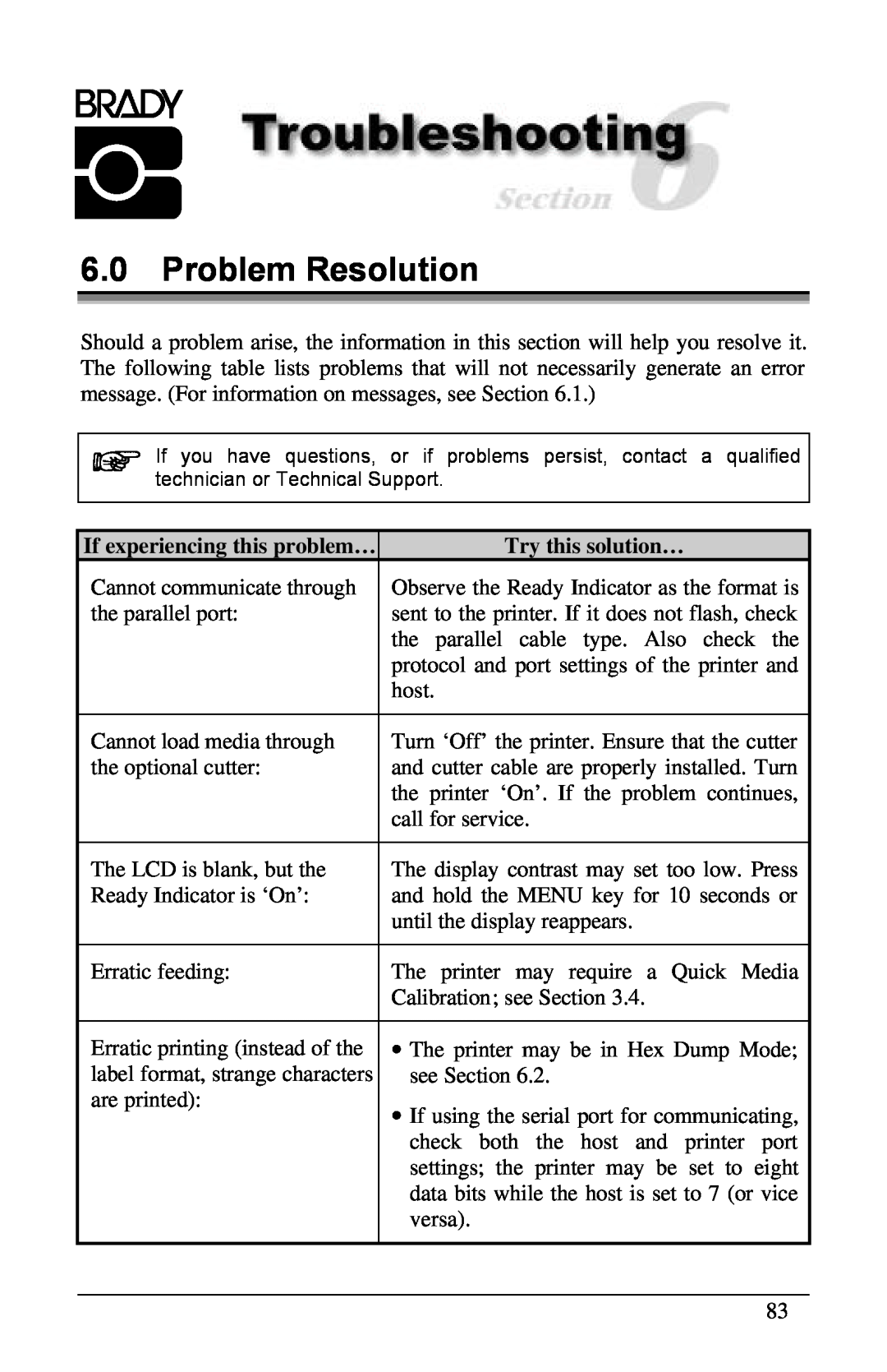 Brady 3481, 6441, 2461 manual Problem Resolution, If experiencing this problem…, Try this solution… 