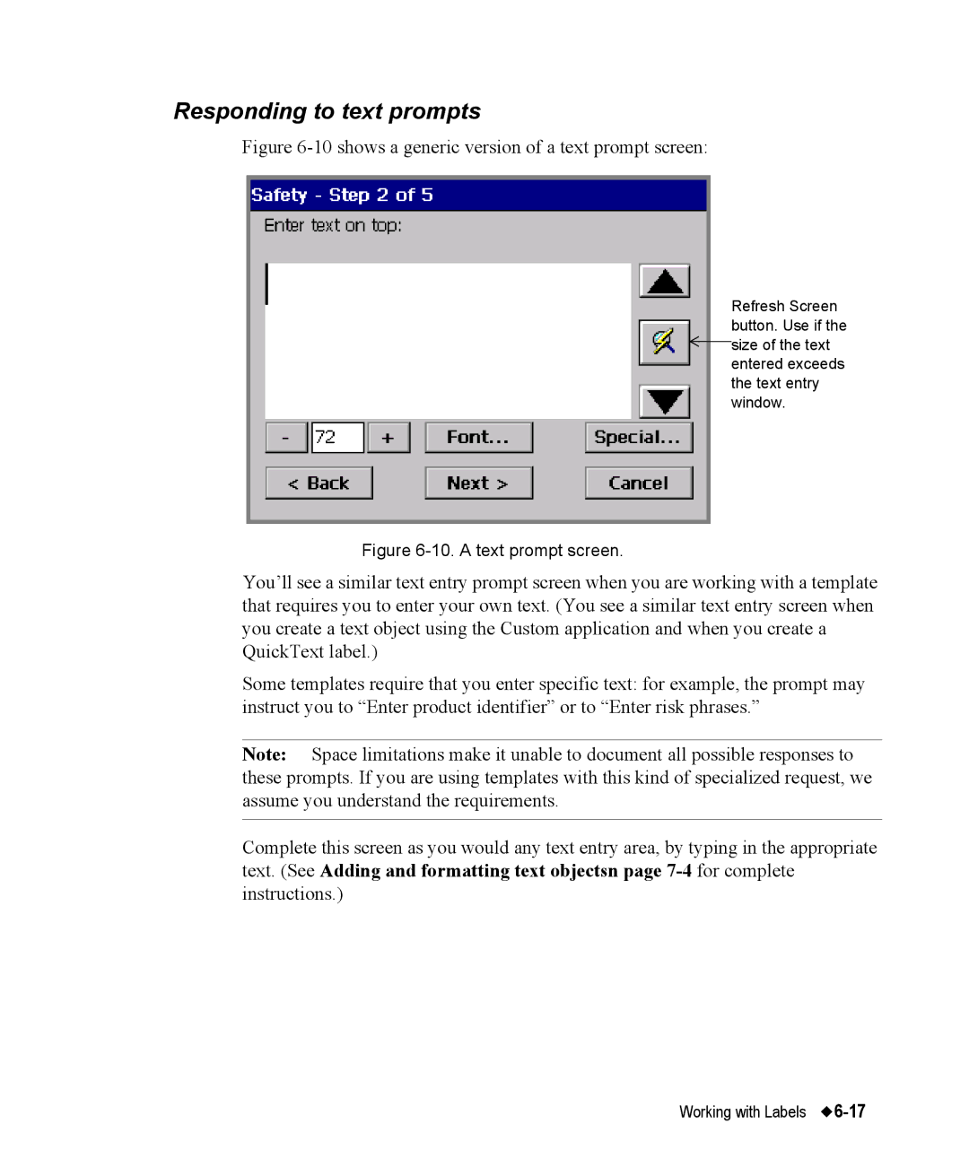 Brady 76800 manual Responding to text prompts, 10shows a generic version of a text prompt screen 