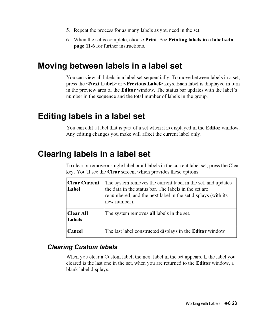 Brady 76800 manual Moving between labels in a label set, Editing labels in a label set, Clearing labels in a label set 