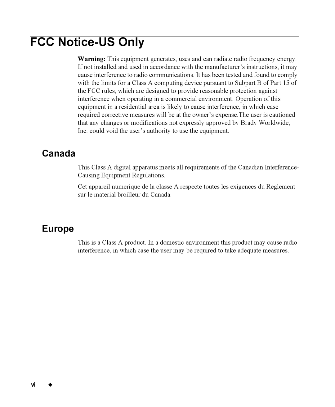 Brady 76800 manual FCC Notice-US Only, Canada 