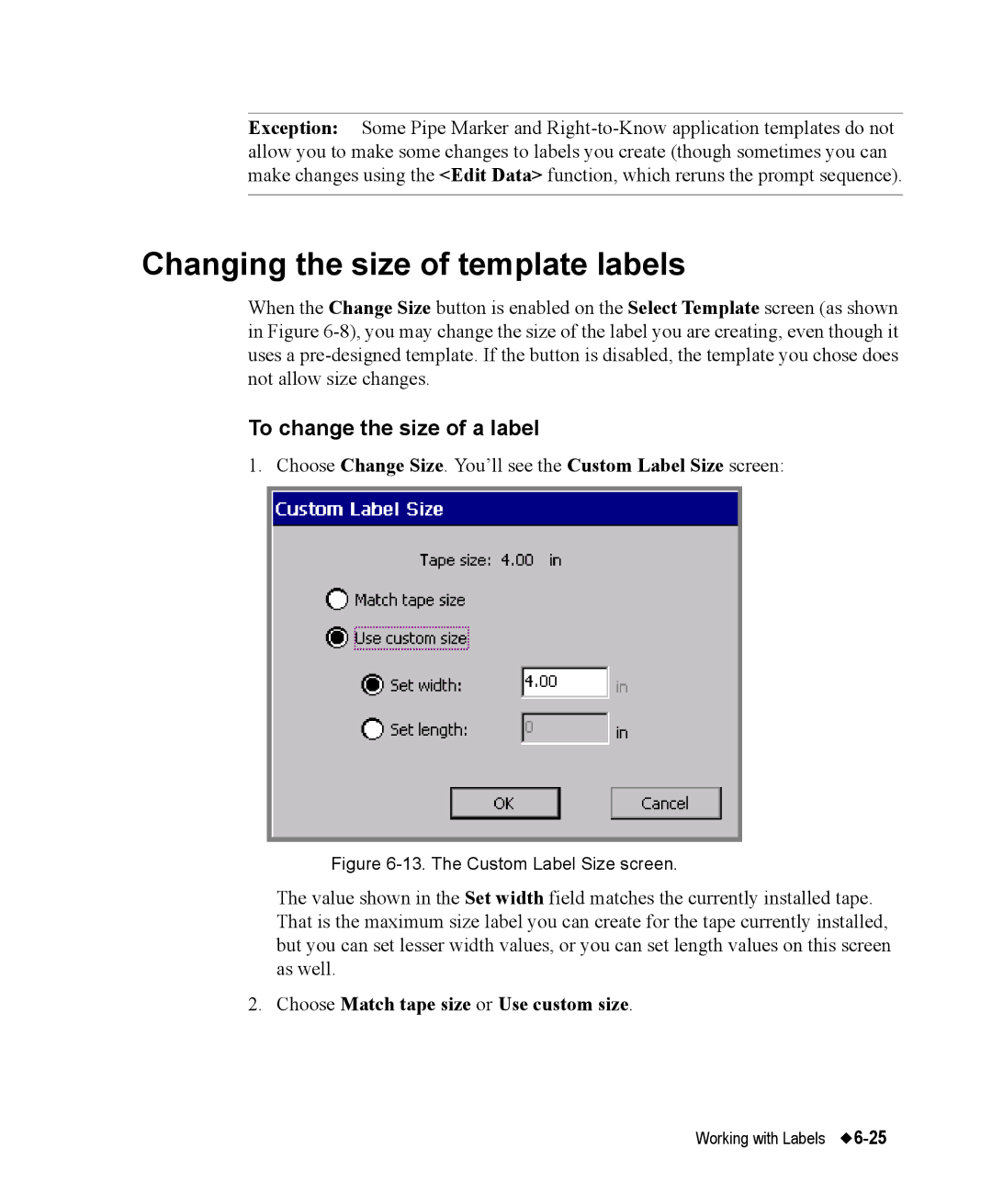 Brady 76800 Changing the size of template labels, To change the size of a label, Choose Match tape size or Use custom size 