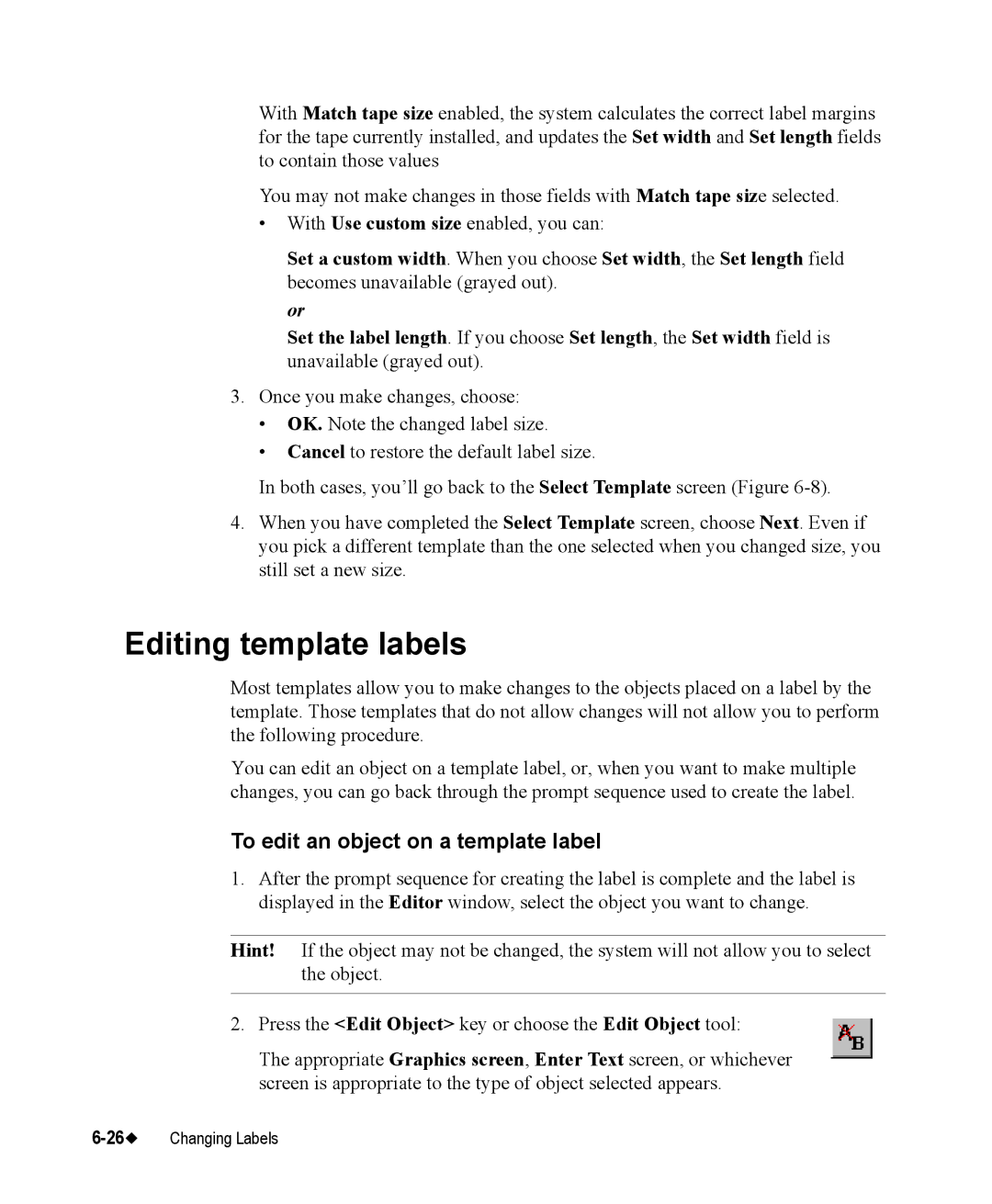 Brady 76800 manual Editing template labels, To edit an object on a template label 