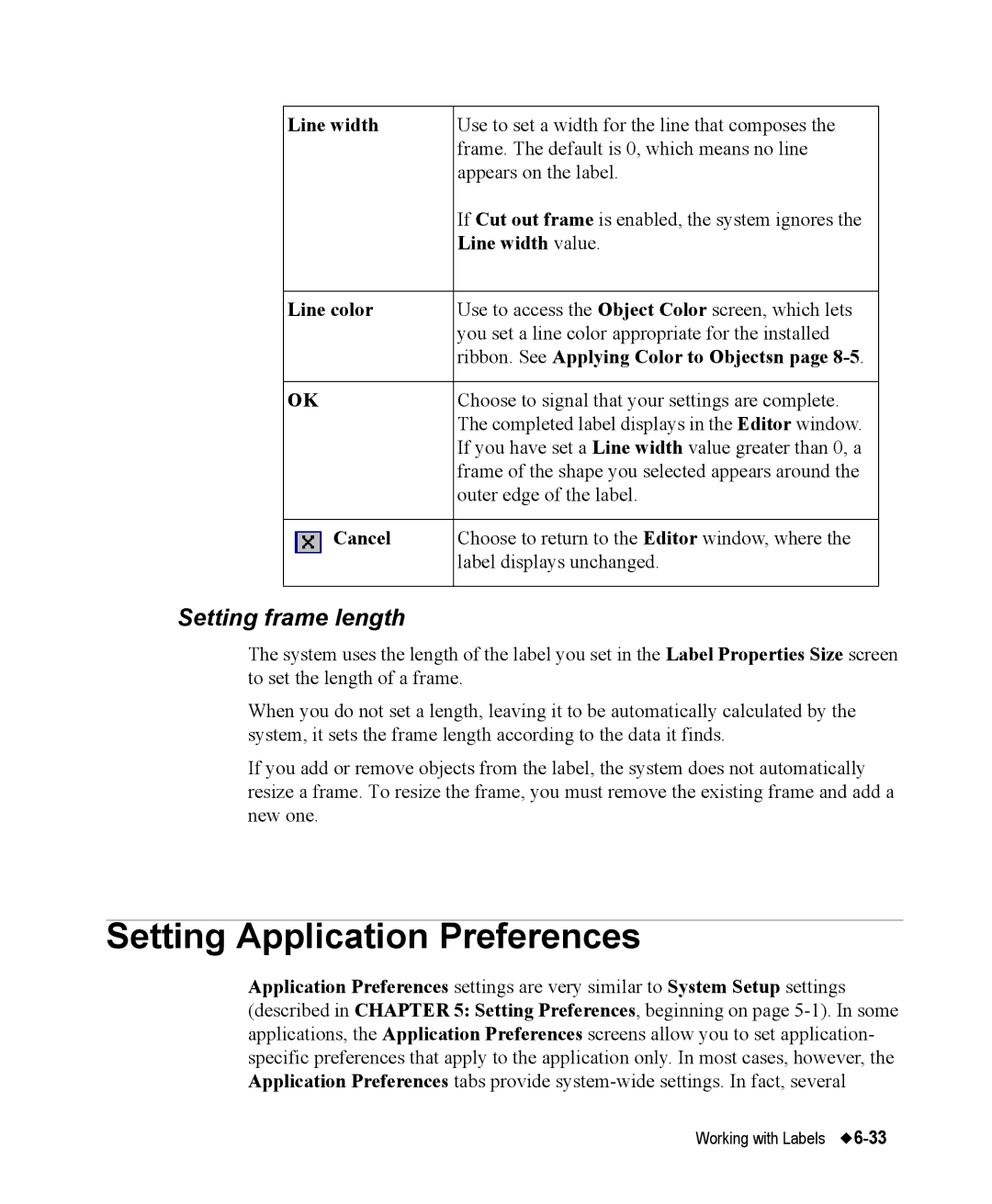 Brady 76800 manual Setting Application Preferences, Setting frame length, Line width value, Line color 