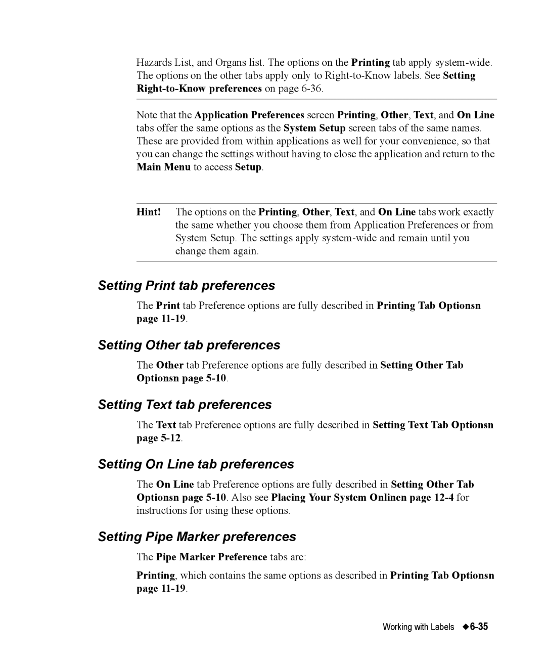 Brady 76800 manual Setting Print tab preferences, Setting Other tab preferences, Setting Text tab preferences 