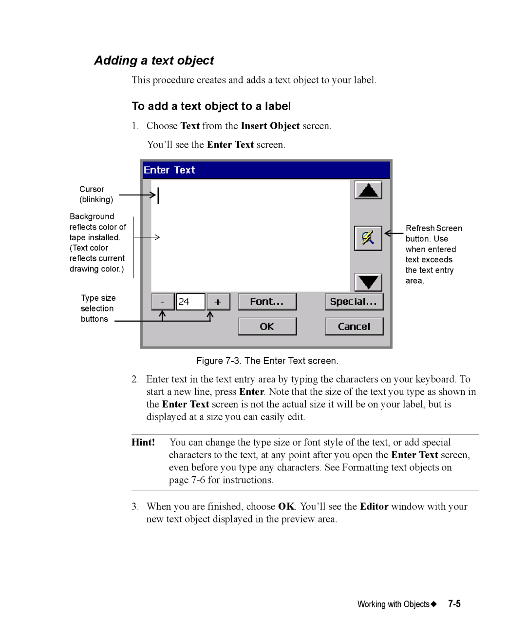 Brady 76800 manual Adding a text object, To add a text object to a label 