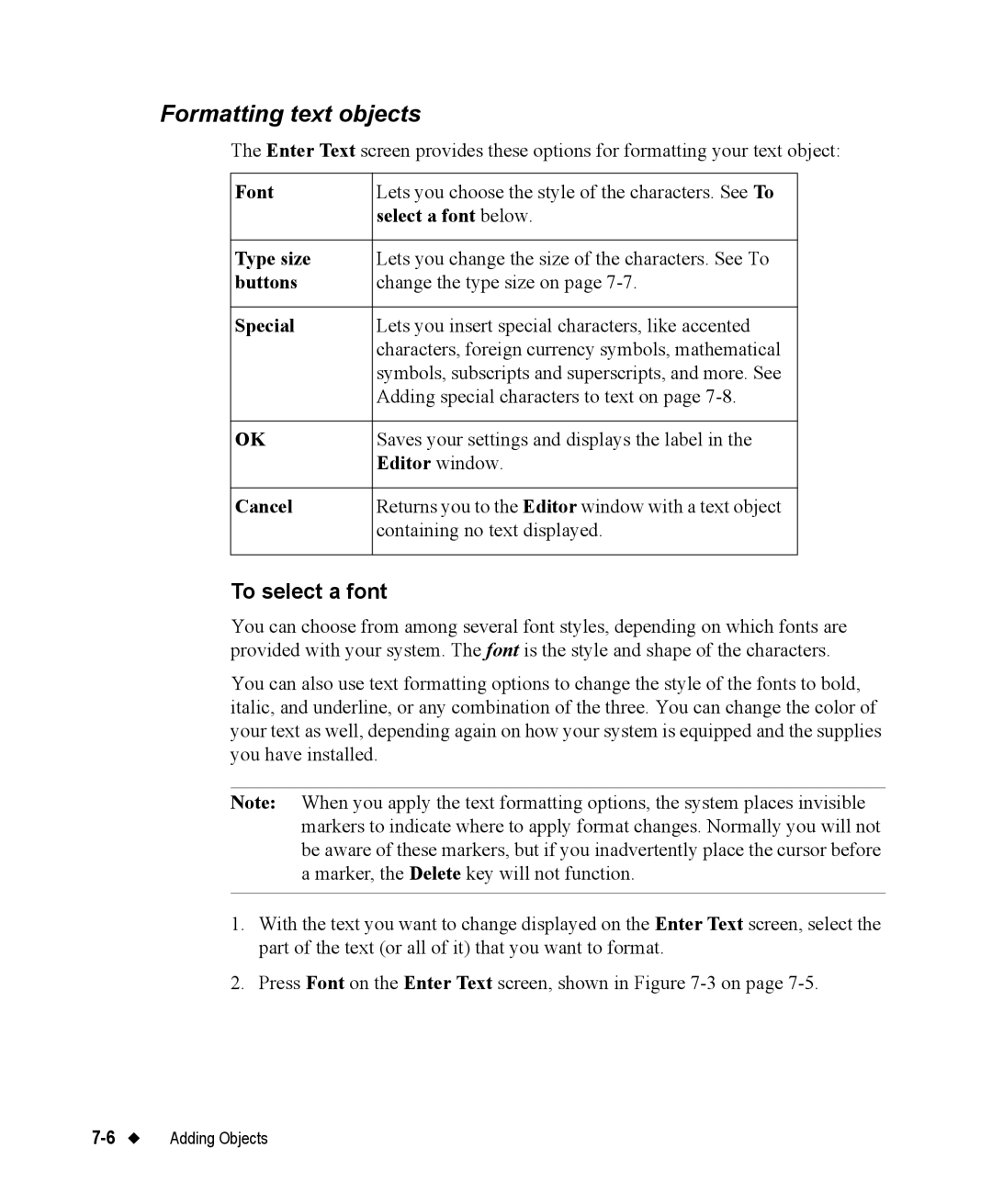 Brady 76800 manual Formatting text objects, To select a font 