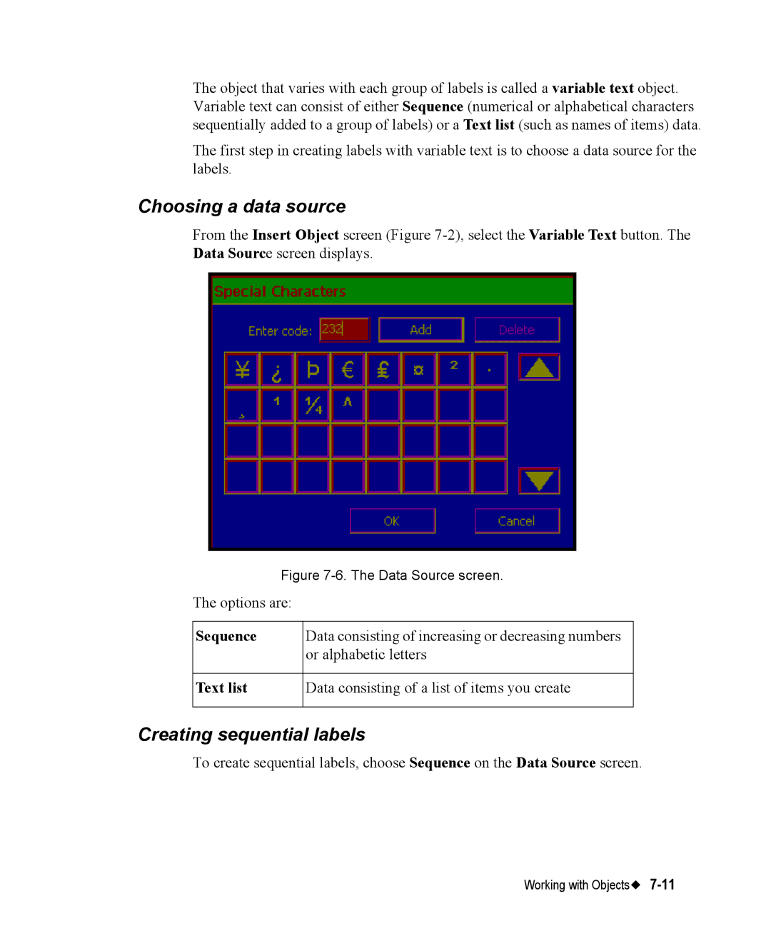 Brady 76800 manual Choosing a data source, Creating sequential labels, Sequence, Text list 