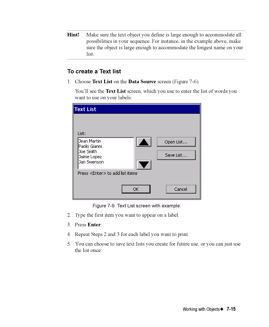 Brady 76800 manual To create a Text list, Text List screen with example 