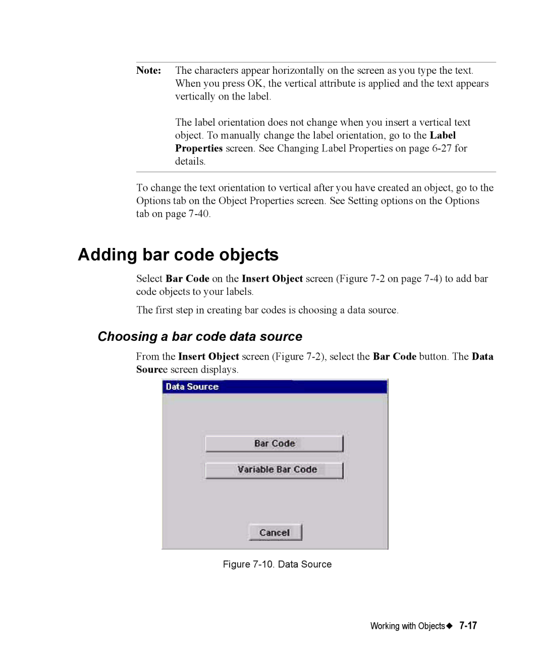 Brady 76800 manual Adding bar code objects, Choosing a bar code data source 