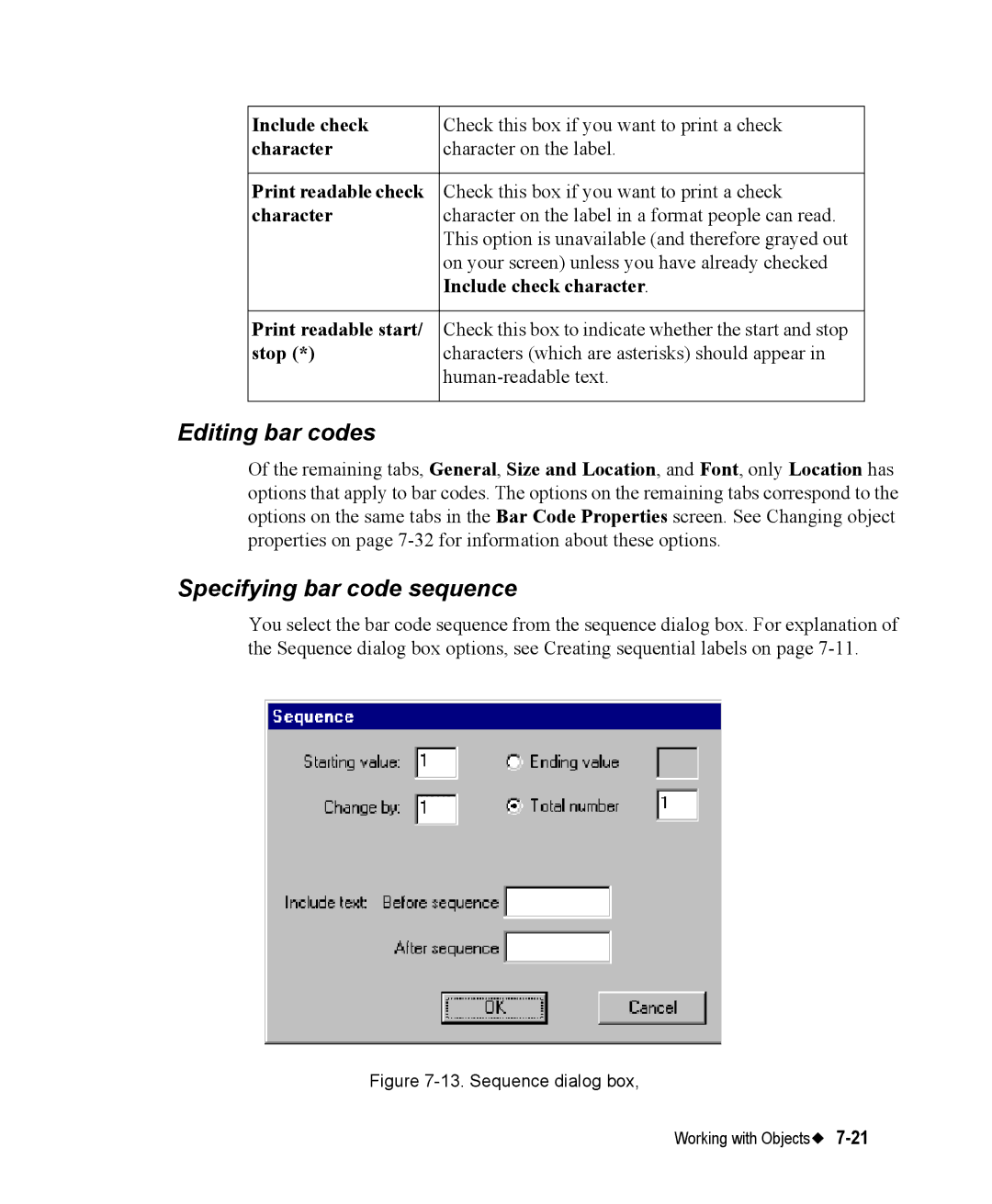 Brady 76800 manual Editing bar codes, Specifying bar code sequence 