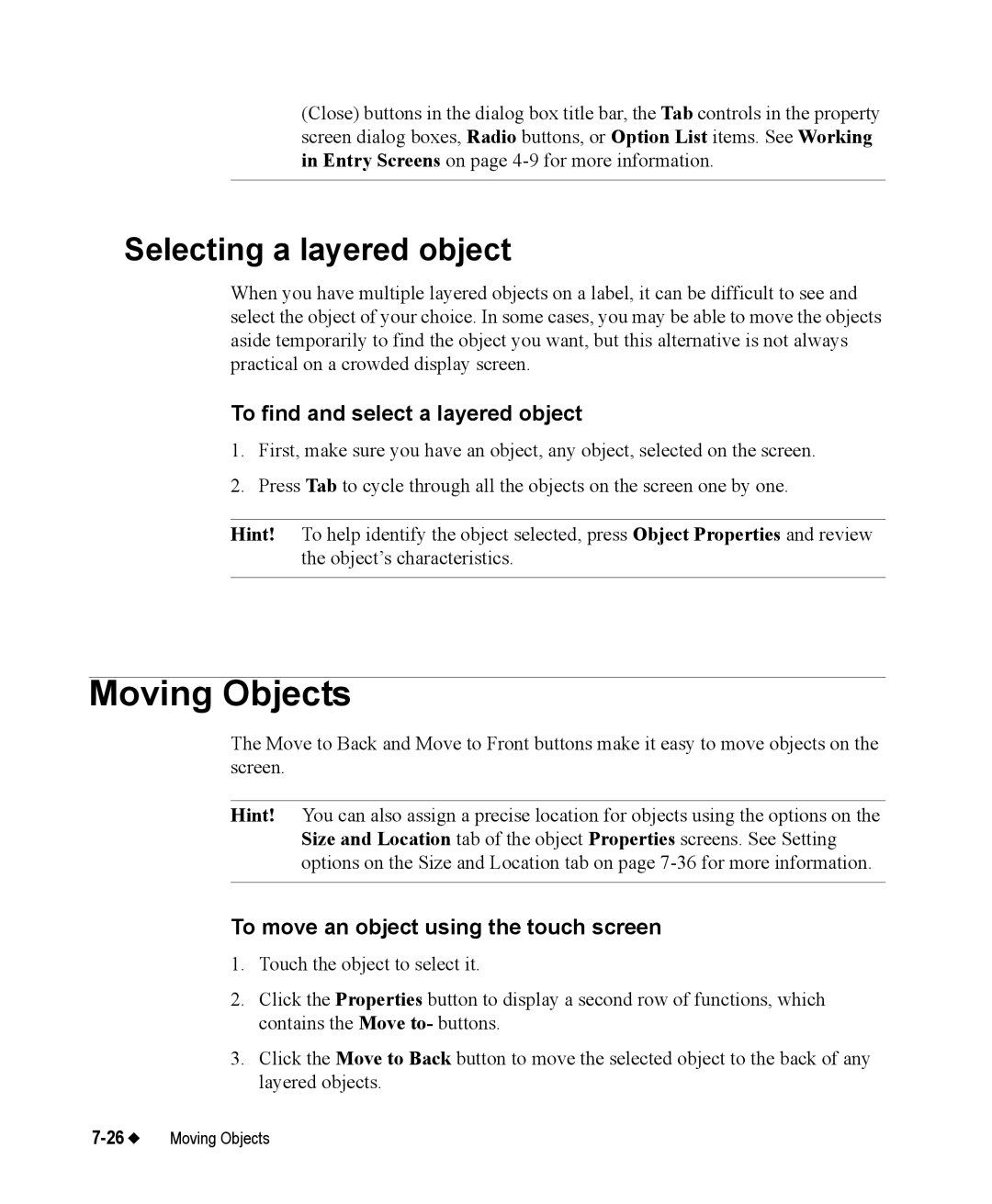 Brady 76800 manual Moving Objects, Selecting a layered object, To find and select a layered object 