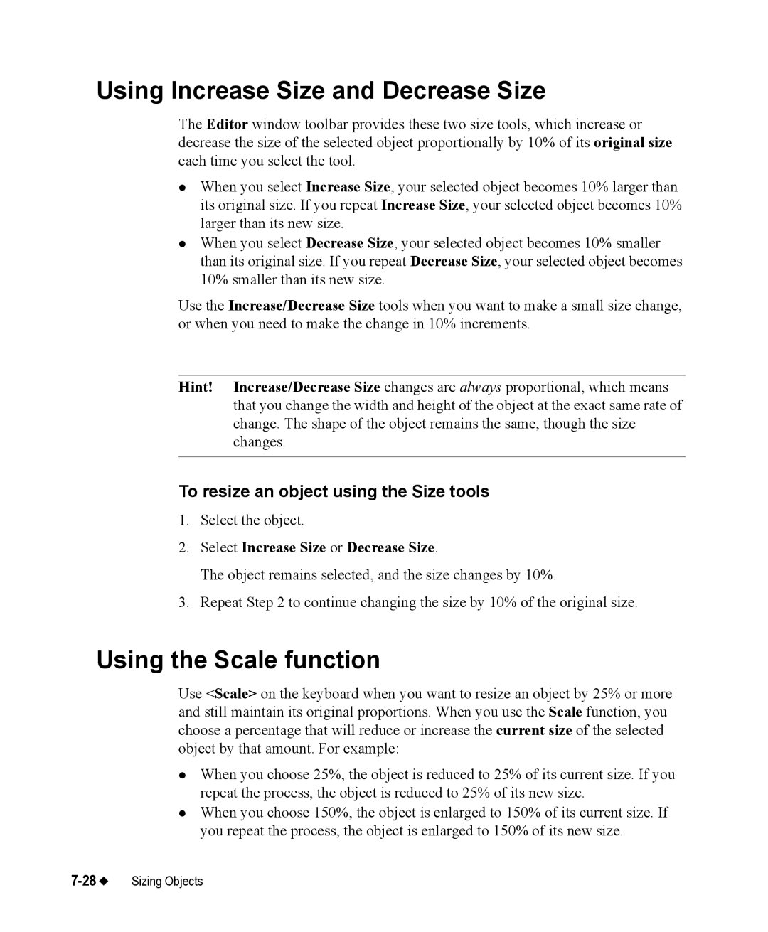 Brady 76800 Using Increase Size and Decrease Size, Using the Scale function, To resize an object using the Size tools 