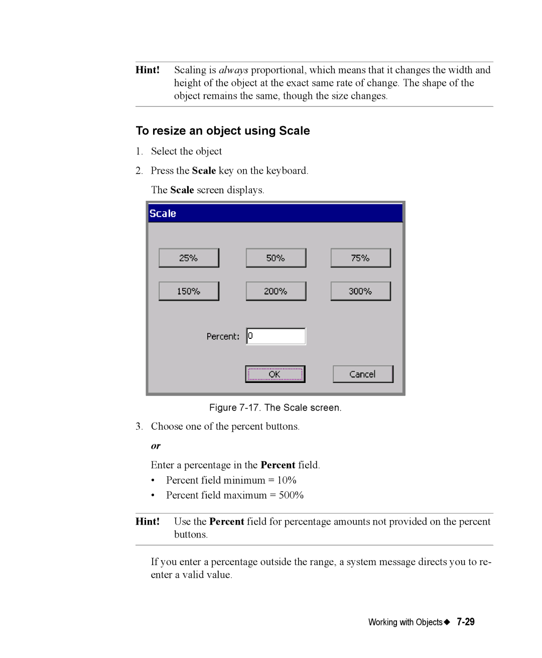 Brady 76800 manual To resize an object using Scale, The Scale screen 