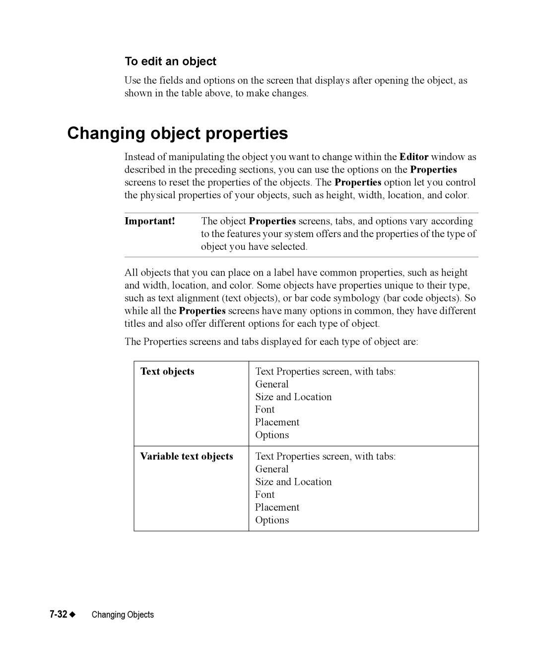 Brady 76800 manual Changing object properties, To edit an object, Text objects, Variable text objects 