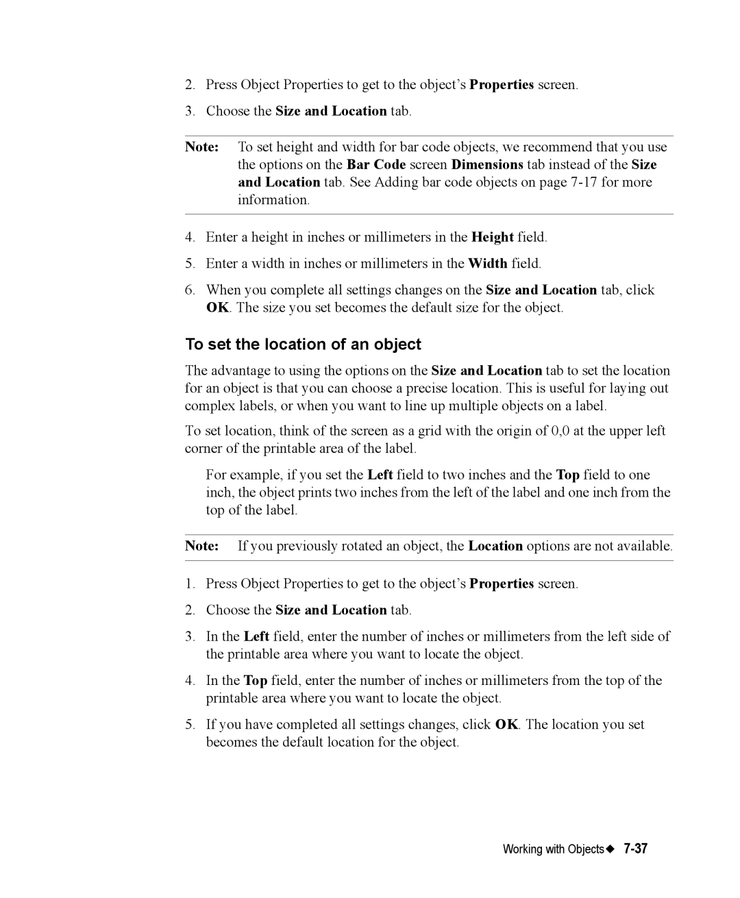 Brady 76800 manual To set the location of an object, Choose the Size and Location tab 