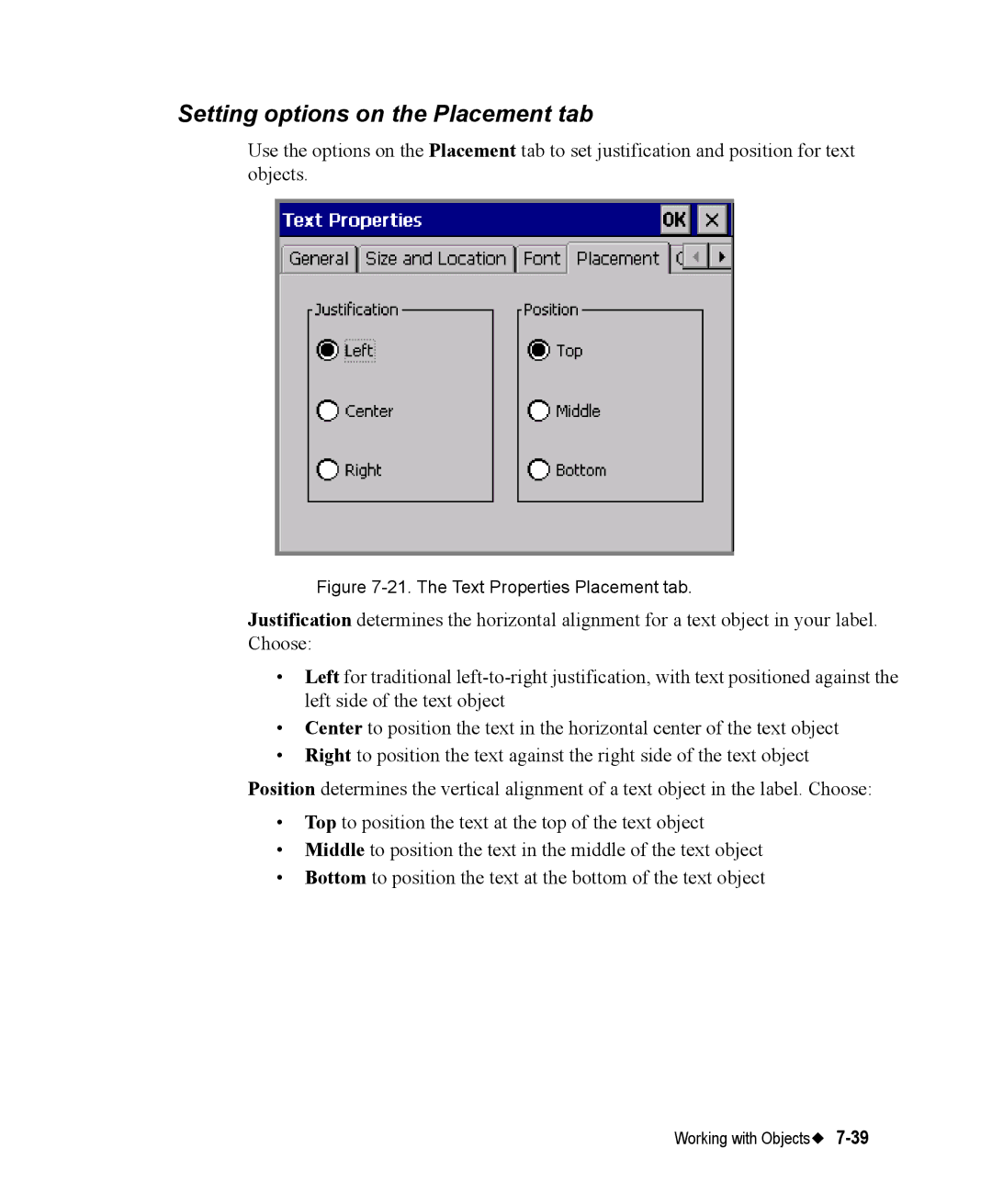 Brady 76800 manual Setting options on the Placement tab, The Text Properties Placement tab 