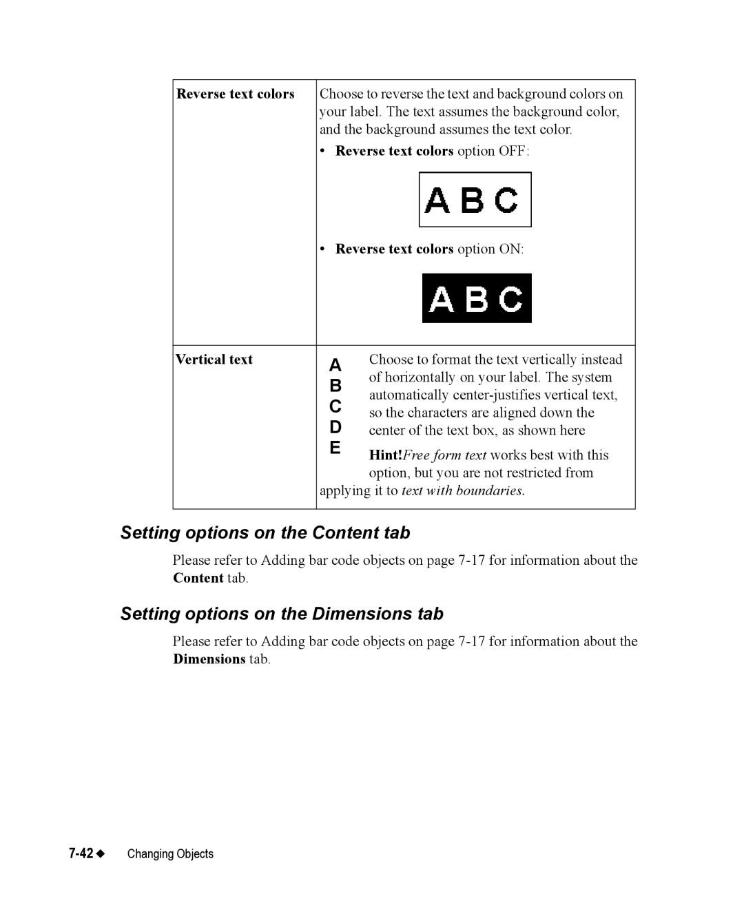 Brady 76800 manual Setting options on the Content tab, Setting options on the Dimensions tab 