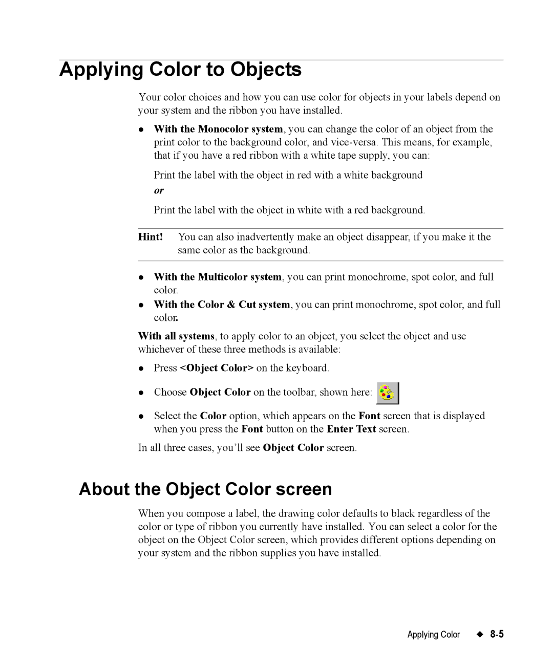 Brady 76800 manual Applying Color to Objects, About the Object Color screen 