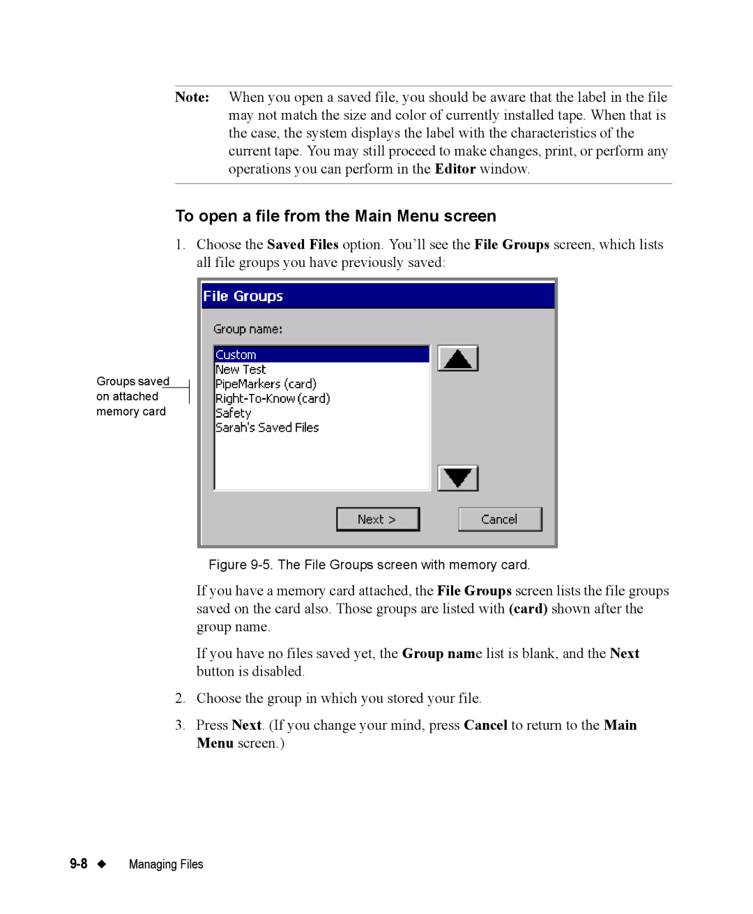 Brady 76800 manual To open a file from the Main Menu screen, File Groups screen with memory card 