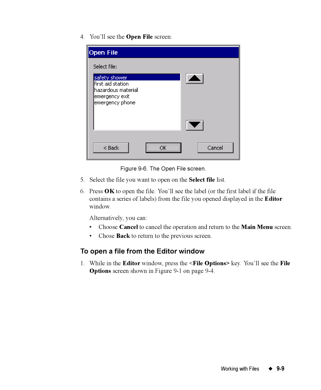 Brady 76800 manual To open a file from the Editor window, Open File screen 