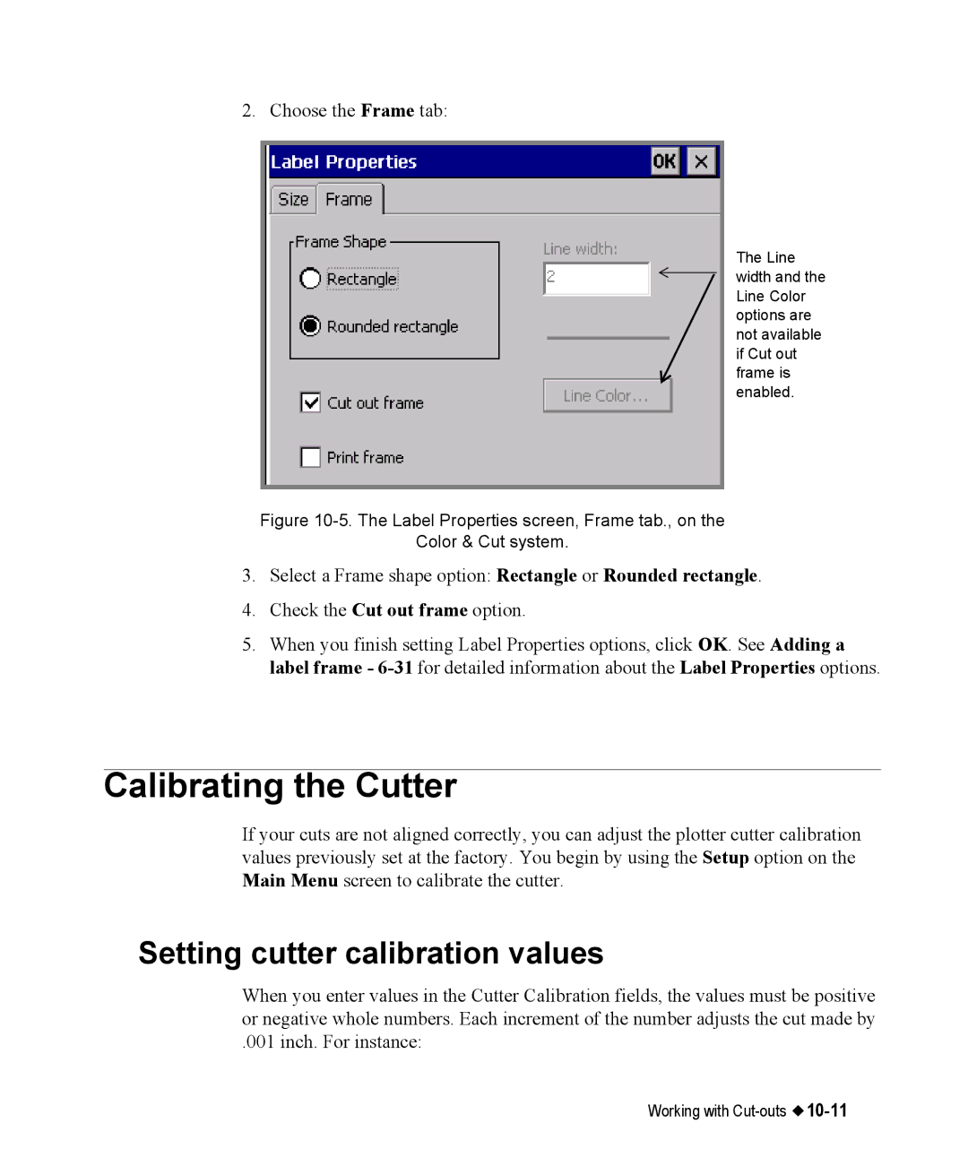 Brady 76800 manual Calibrating the Cutter, Setting cutter calibration values 