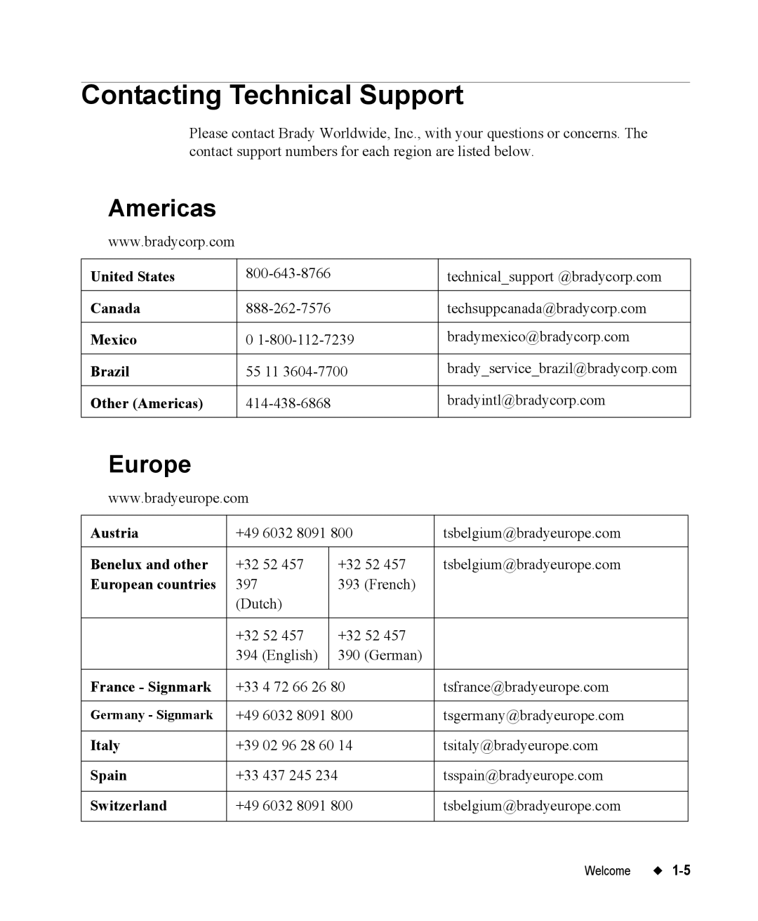 Brady 76800 manual Contacting Technical Support, Americas, Europe 