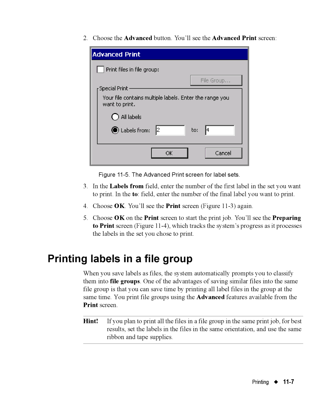 Brady 76800 manual Printing labels in a file group, Advanced Print screen for label sets 