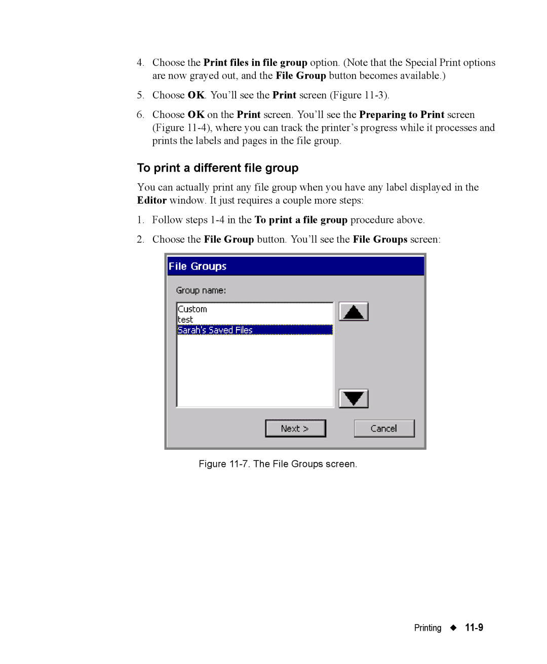 Brady 76800 manual To print a different file group, File Groups screen Printing 