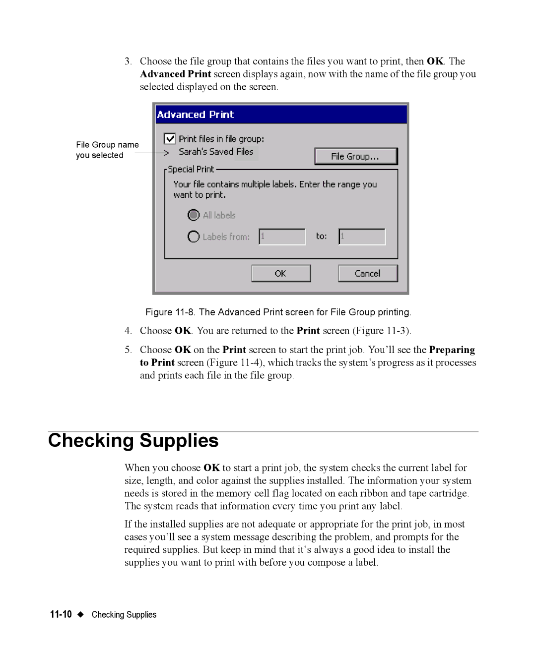 Brady 76800 manual Checking Supplies, Advanced Print screen for File Group printing 