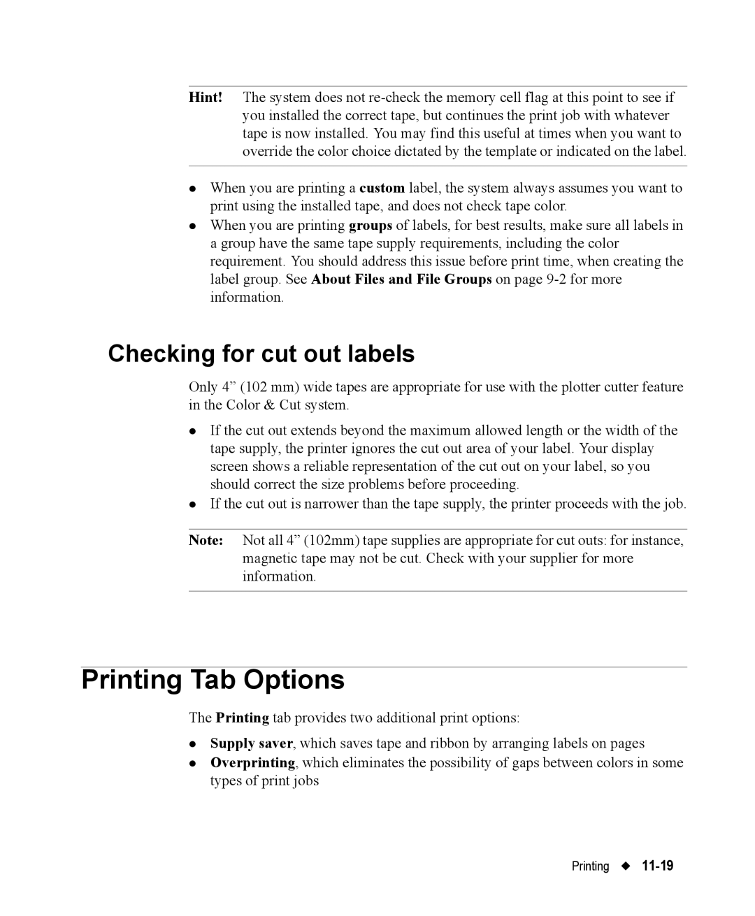 Brady 76800 manual Printing Tab Options, Checking for cut out labels 